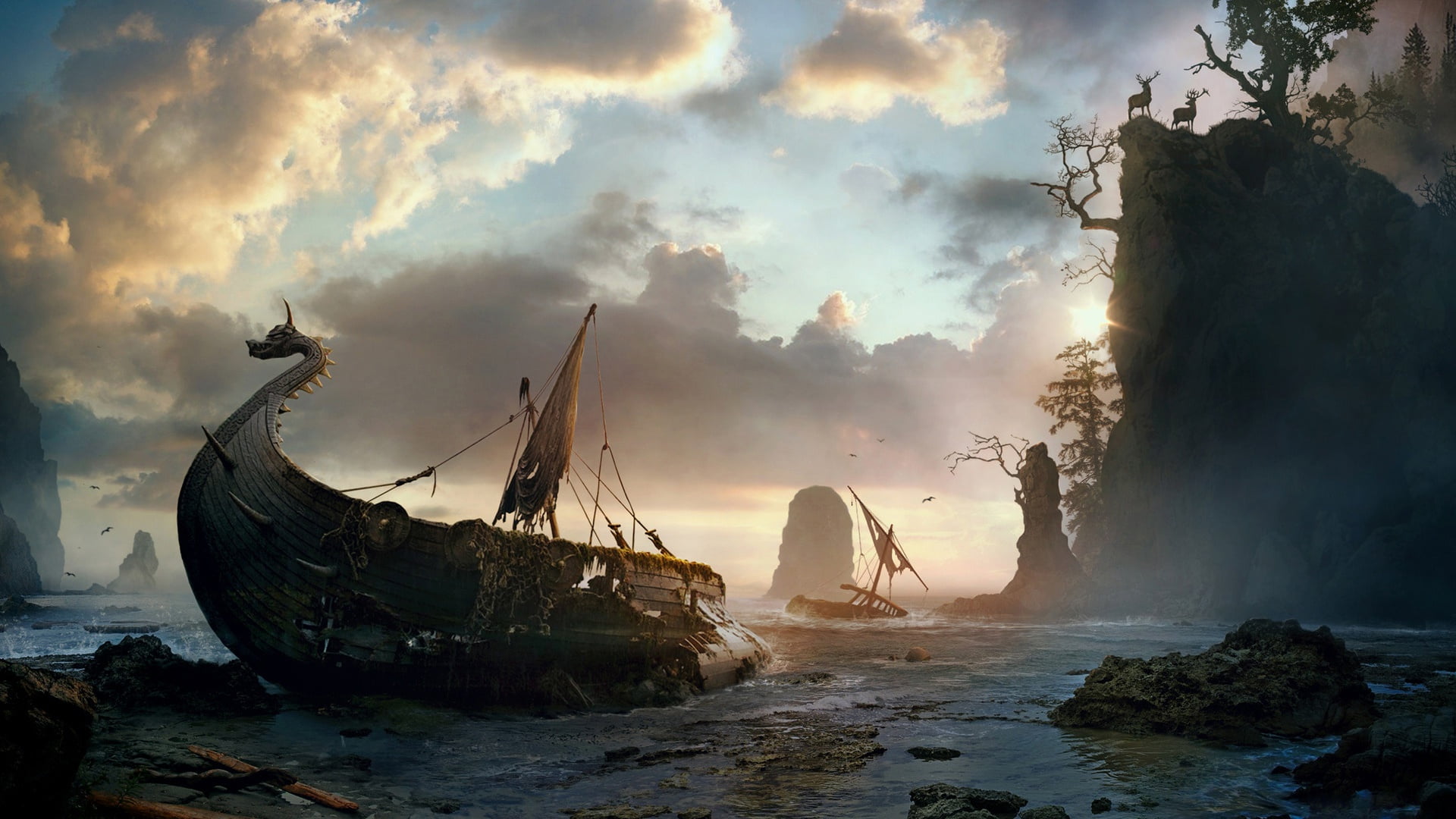 shipwreck, 1080P, clouds, fantasy art, artwork, boat, Vikings, HD Wallpaper