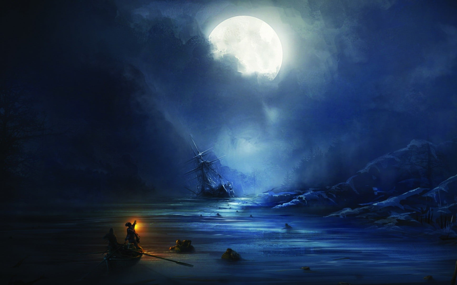 full moon, water, dark, shipwreck, sailing ship, beauty in nature, environment, scenics - nature, boat, 1080P, nature, land, concept art, Assassins Creed, HD Wallpaper