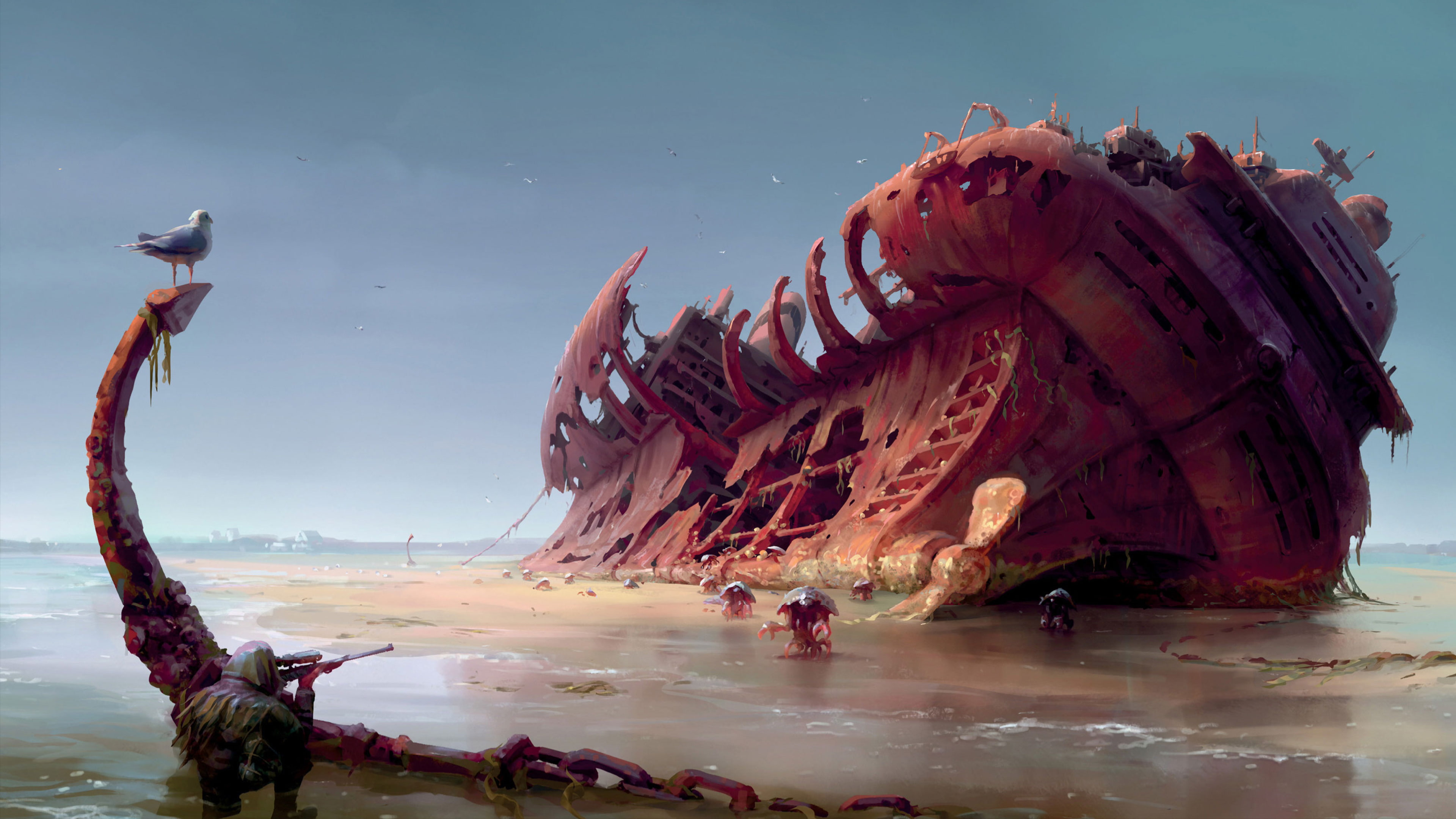 chains, sea, concept art, crabs, video games, digital art, shipwreck, fan art, gun, 4K, Fallout 4, birds, snipers, HD Wallpaper