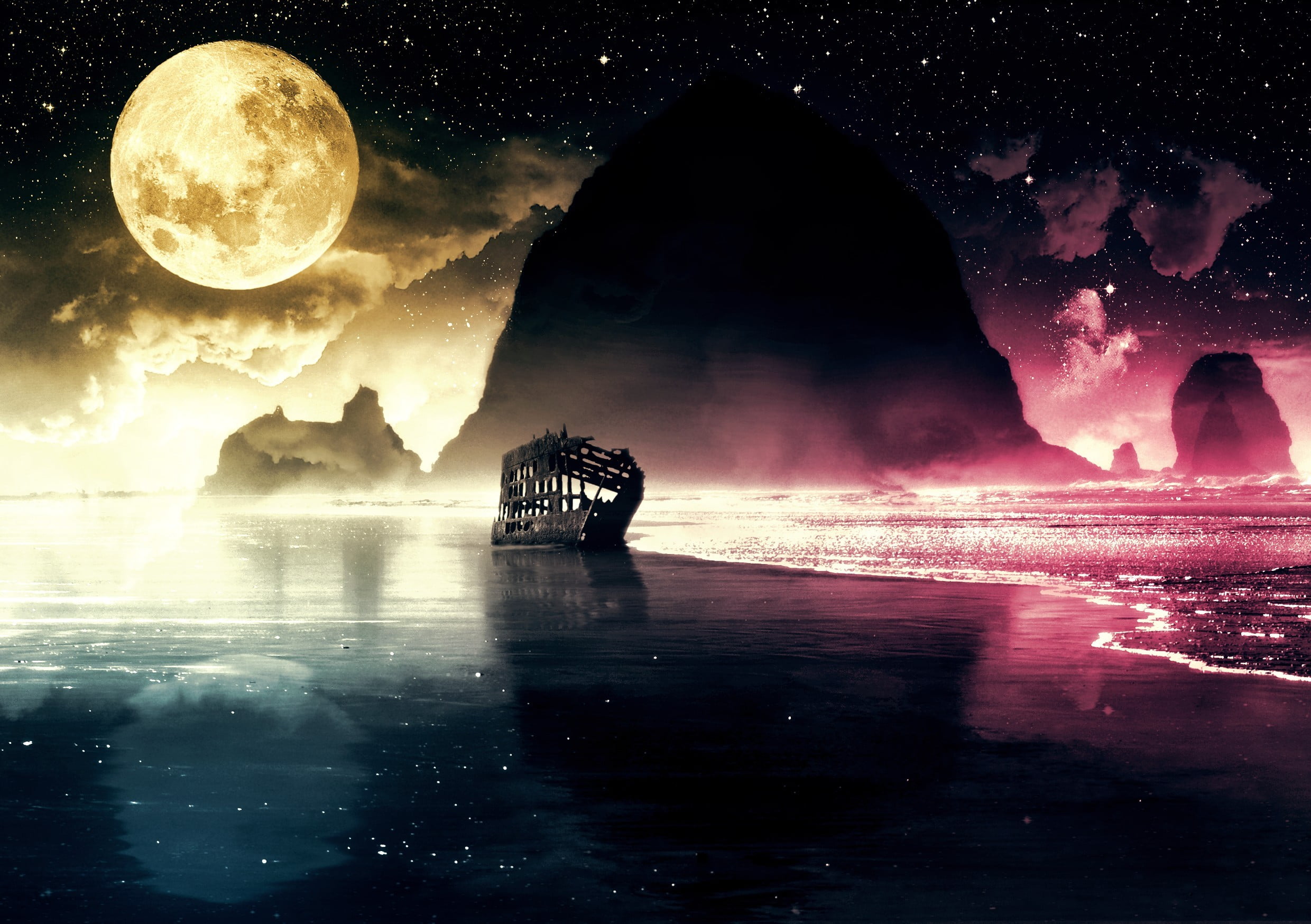 stars, digital, full moon, water, moonlight, scenics - nature, sky, digital composite, rock, reflection, tranquil scene, land, rock - object, HD Wallpaper