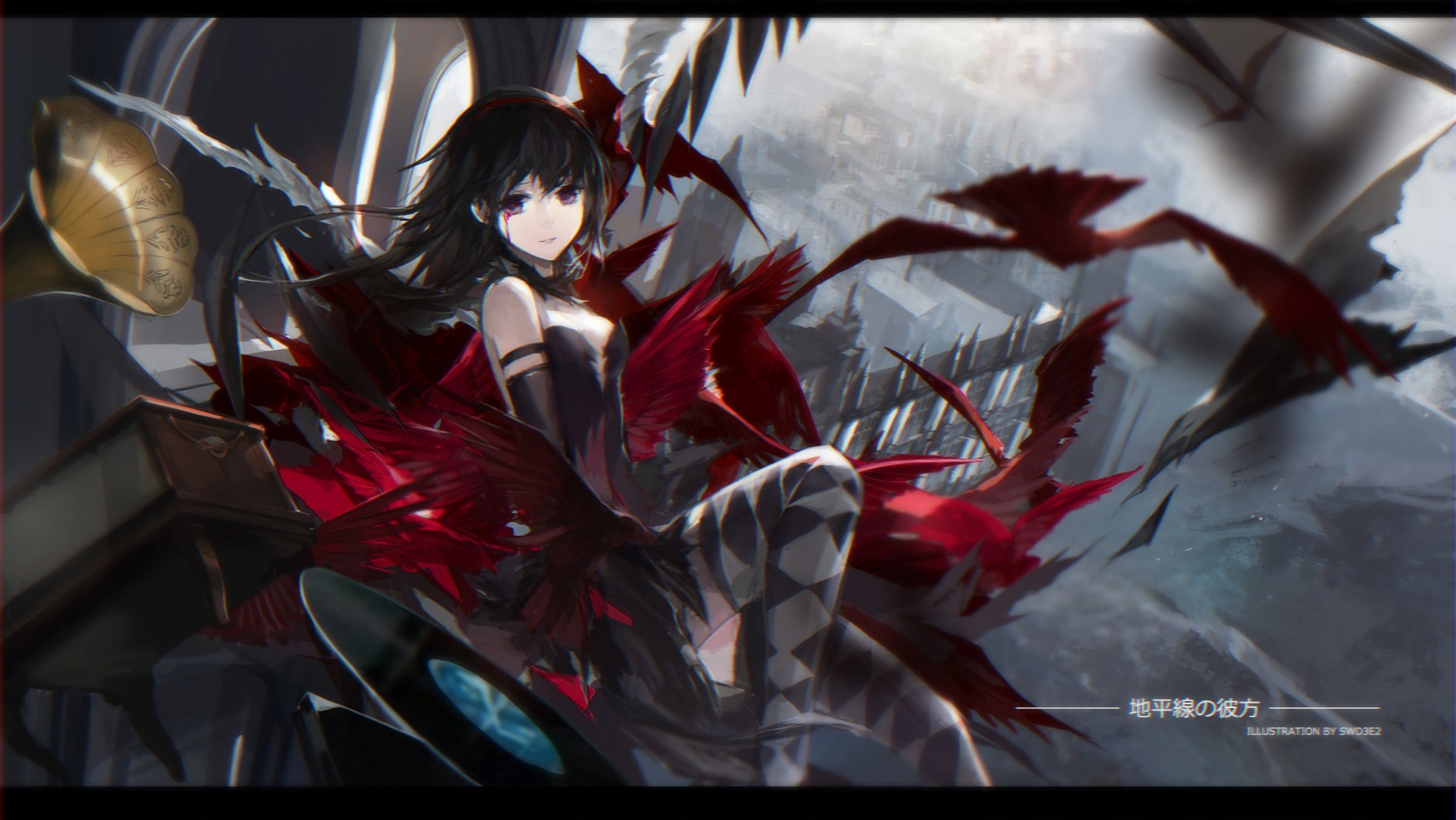 thigh-highs, anime girls, Akemi Homura, birds, black hair, wings, 720P, anime, purple eyes, Mahou Shoujo Madoka Magica, swd3e2, HD Wallpaper