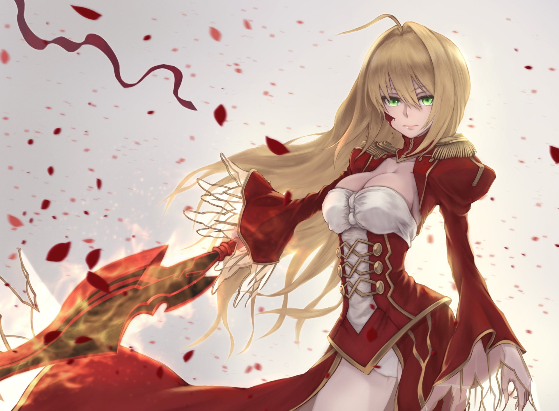 one person, looking at camera, real people, blond hair, Petal, women, Long Hair, Fate Series, Weapon, art and craft, portrait, Saber (Fate Series), red, HD Wallpaper