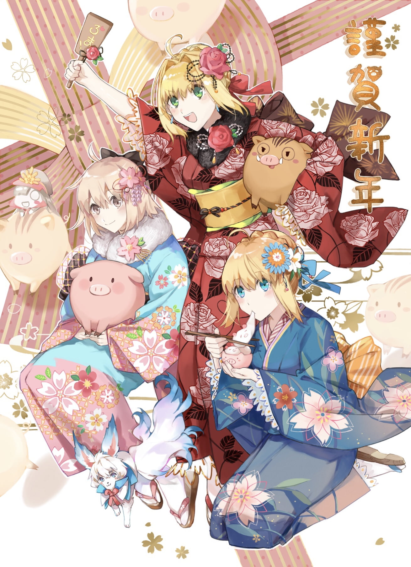 Nero Claudius, Artoria Pendragon, Fate/Grand Order, Oda Nobunaga (Fate/Grand Order), Souji Okita (Fate), 720P, anime, Japanese kimono, anime girls, Fou, Phone HD Wallpaper