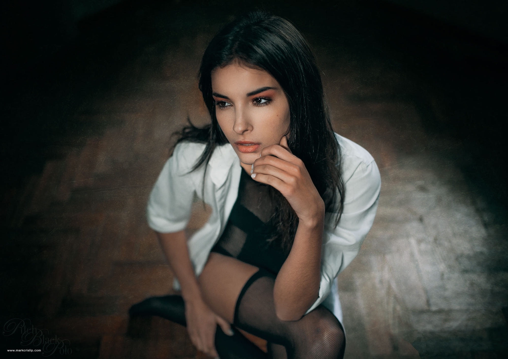 hairstyle, tanned, looking at camera, black hair, beautiful woman, one person, white shirt, young adult, stockings, women, front view, 1080P, young women, HD Wallpaper