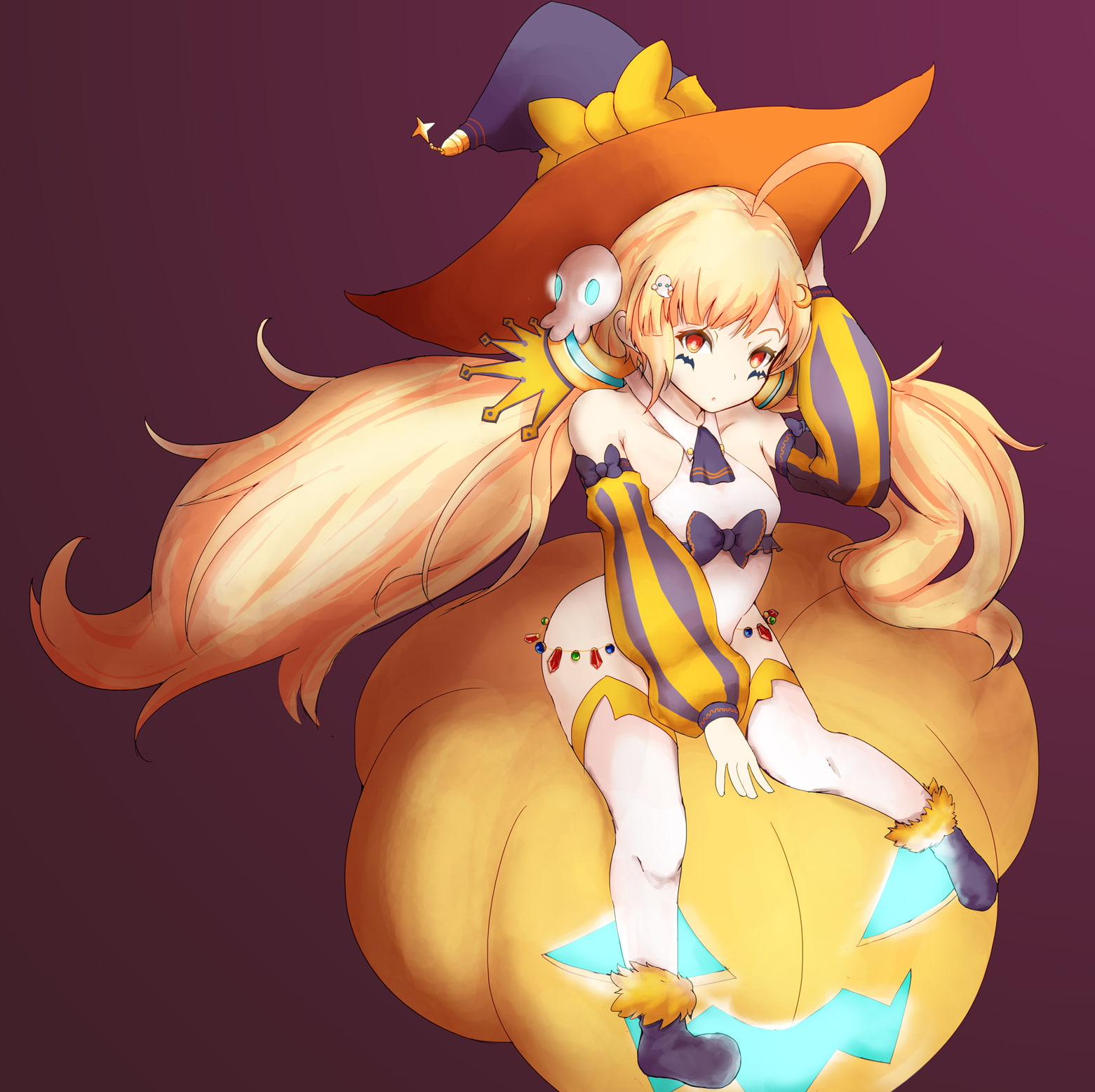 witch, hair, blonde, witch hat, fantasy, adult, 720P, pumpkin, Azur Lane, multi colored, beautiful people, portrait, females, beauty in nature, colored background, HD Wallpaper