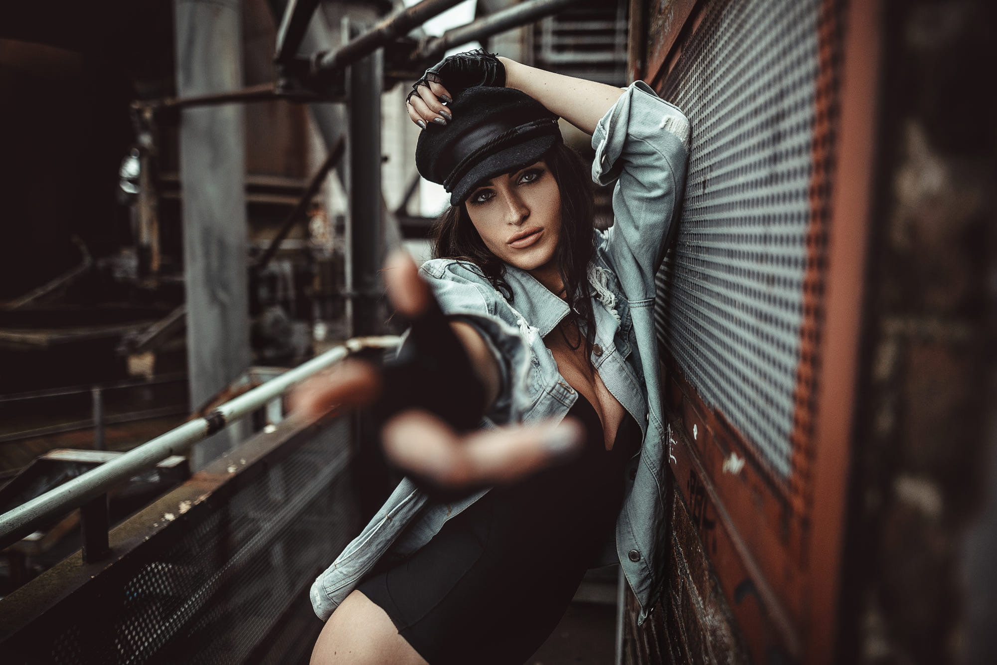 leotard, Jonas Jäschke, fingerless gloves, cleavage, depth of field, jean shirt, portrait, dark eyes, 1080P, black hair, hat, women, face, brunette, HD Wallpaper