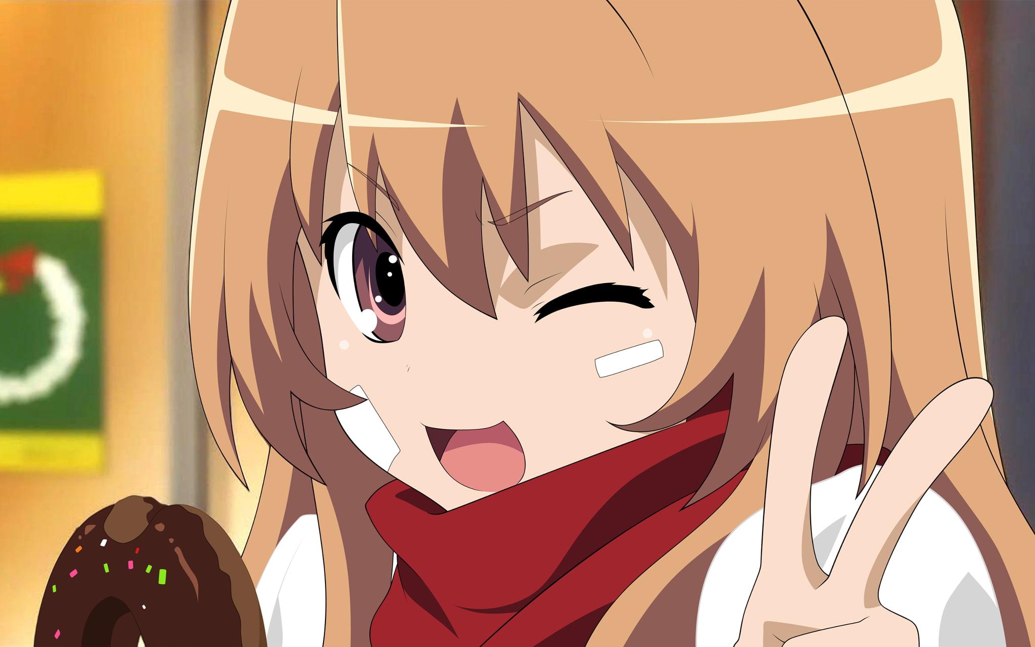 text, anime, donut, no people, indoors, representation, creativity, Toradora!, human representation, art and craft, window, Aisaka Taiga, glass - material, HD Wallpaper