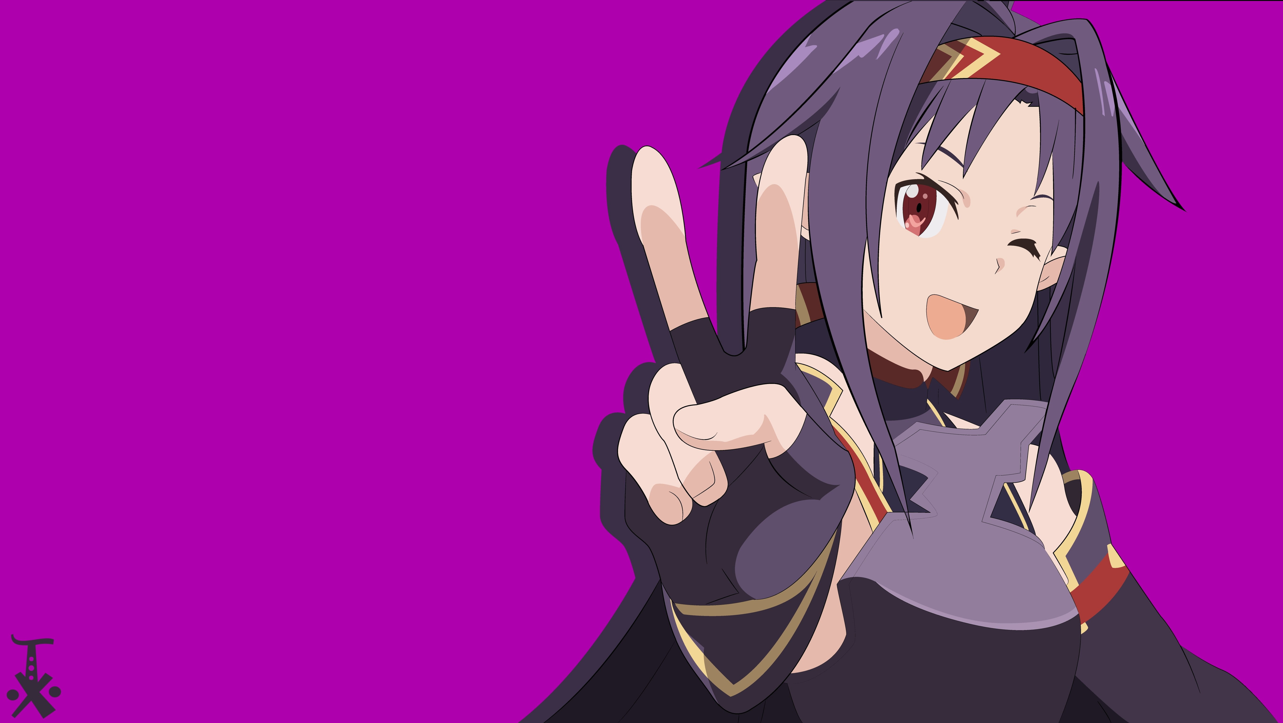 indoors, standing, lifestyles, peace sign, winking, mask - disguise, men, anime girls, anime, 5K, Sword Art Online, disguise, colored background, people, HD Wallpaper