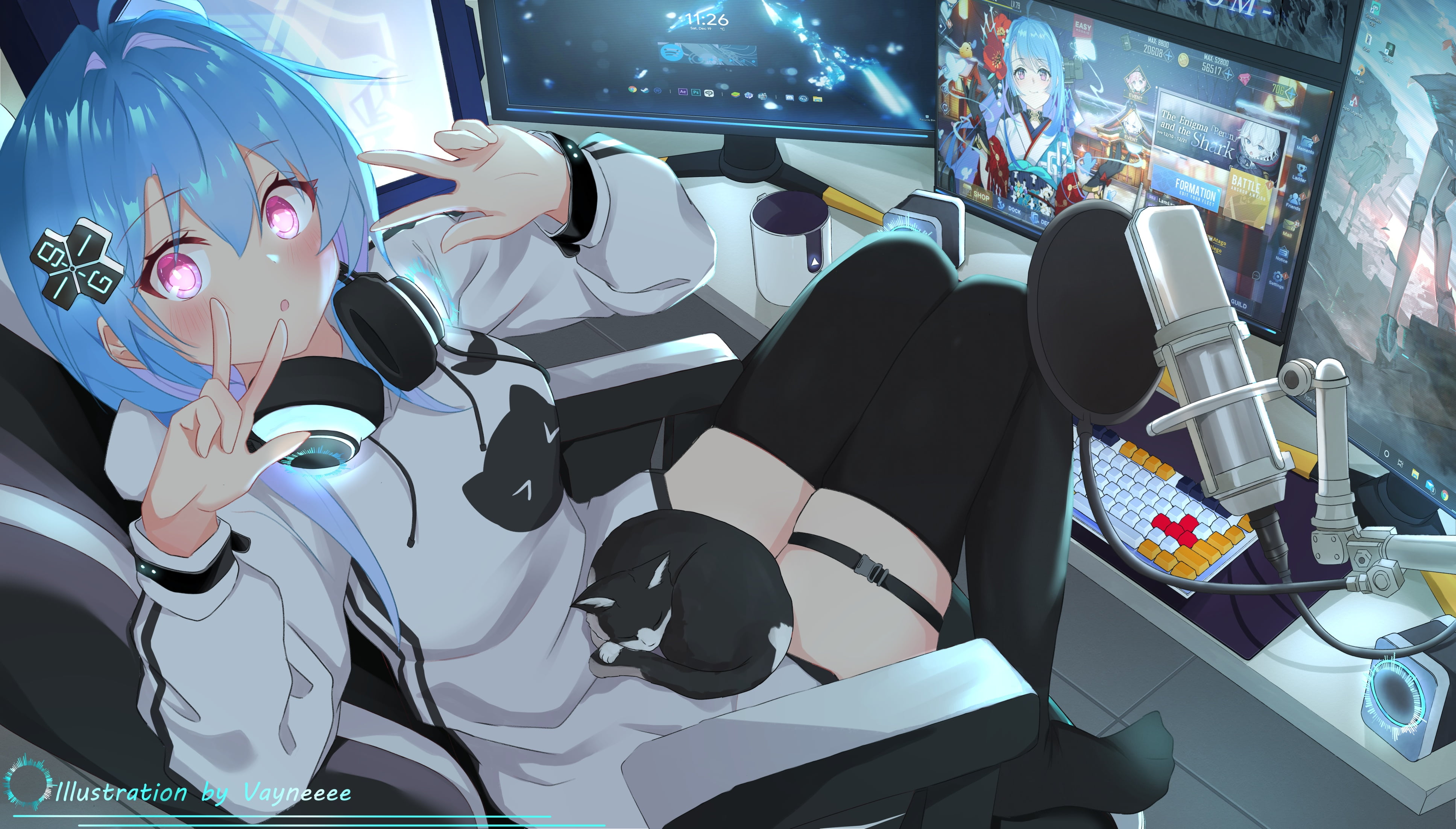 peace sign, 4K, Vayneeeee, anime girls, cats, blue hair, Azur Lane, Helena (Azur Lane), HD Wallpaper