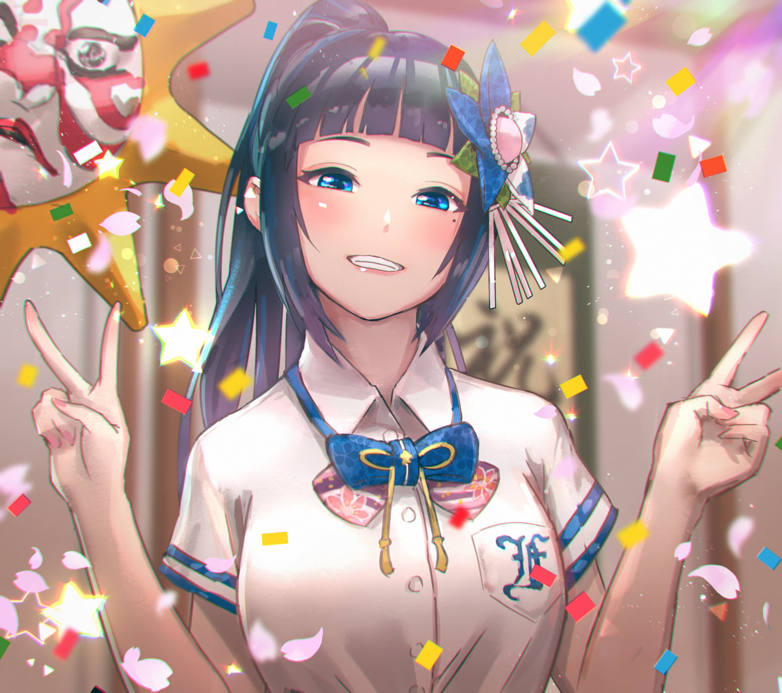 colorful, bow-tie, depth of field, Virtual Youtuber, digital art, anime girls, anime, dark blue hair, fan art, 720P, Kaburagi Yasutaka, artwork, illustration, HD Wallpaper
