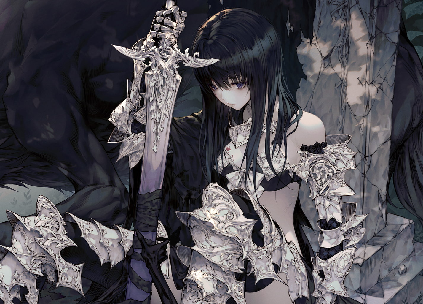 anime, fantasy girl, dark hair, 720P, anime girls, sword, HD Wallpaper