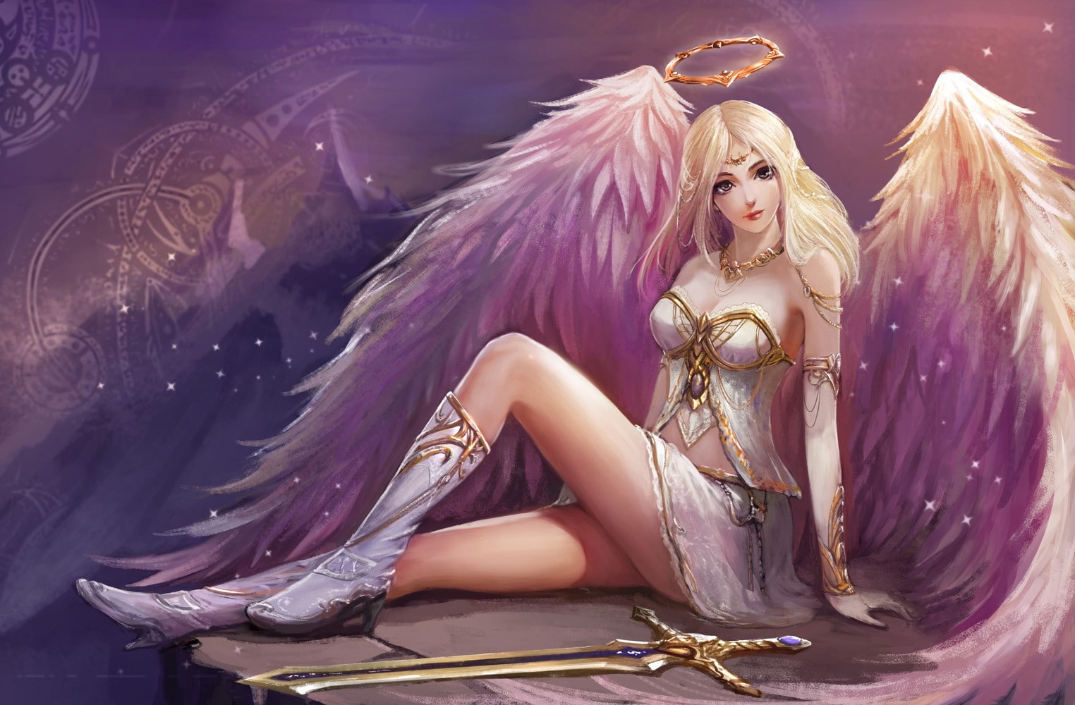 fantasy art, sword, legs, artwork, wings, blonde, 720P, angel, fantasy girl, HD Wallpaper