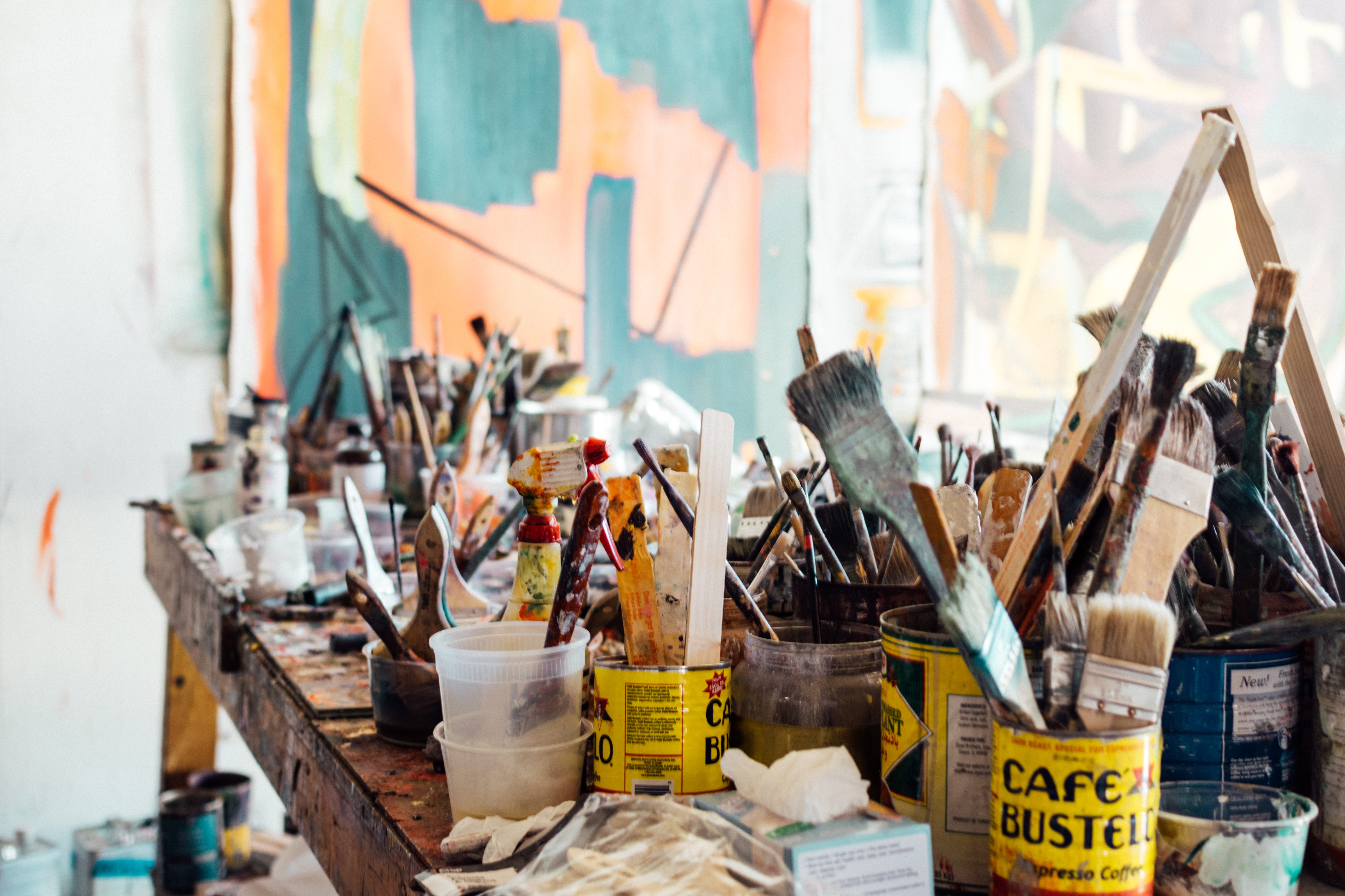 no people, easel, creativity, brush, workshop, light, studio, large group of objects, paint, paint brush, 5K, clutter, paintbrush, assorted, focus on foreground, HD Wallpaper