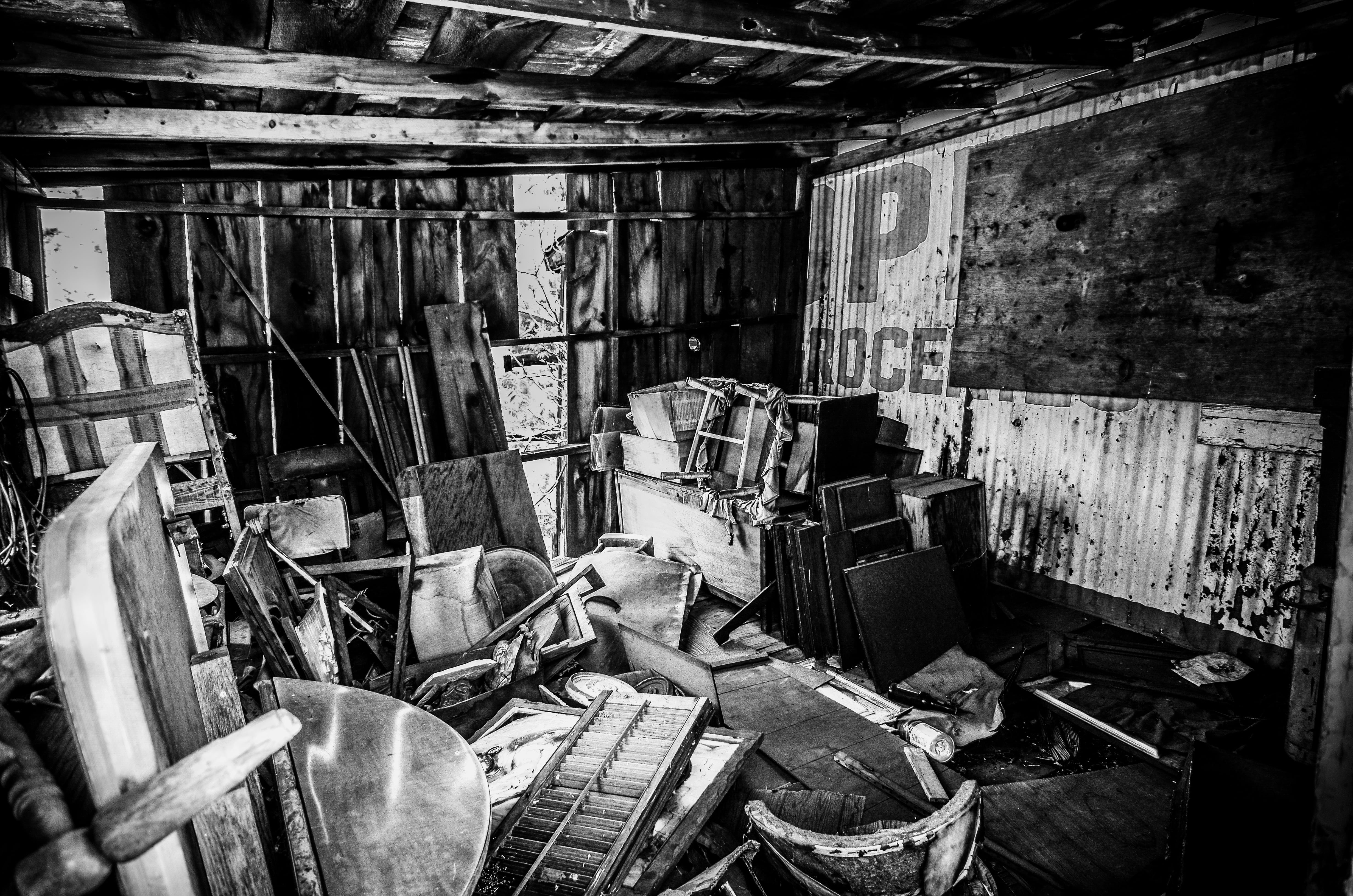 old, abundance, deterioration, wood - material, no people, large group of objects, wood, building, indoors, 4K, black and white, structure, built structure, HD Wallpaper