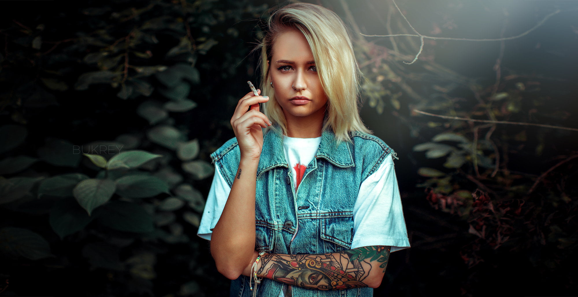 denim, blonde, piercing, hairstyle, portrait, girls, young women, waist up, one person, standing, smoking, lifestyles, casual clothing, inked girls, real people, HD Wallpaper