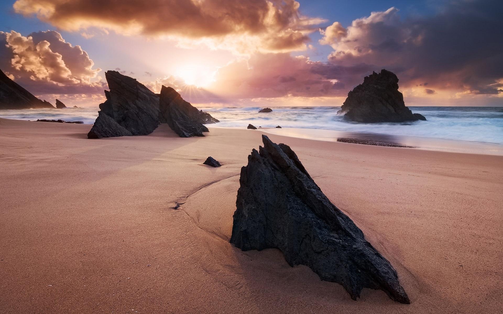 rock, clouds, black, nature, nature and lan, 1080P, shore, sunset, daylight, beach, ocean, water, rocky, sand, HD Wallpaper