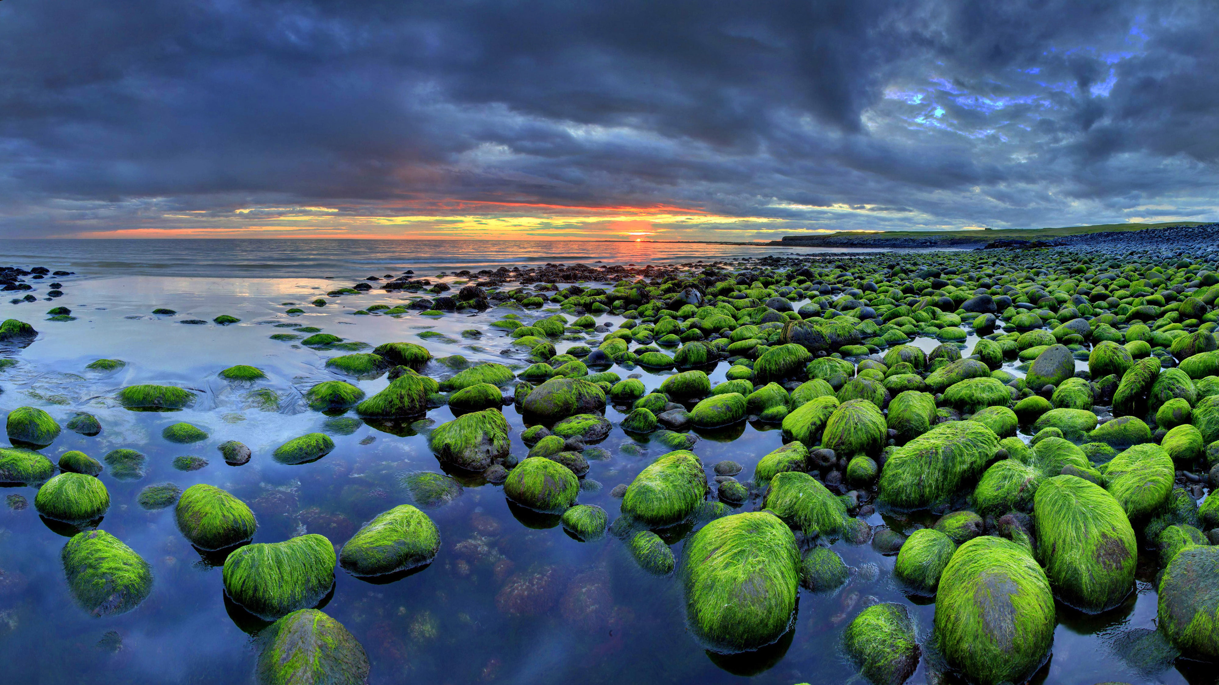 4K, beauty in nature, environment, scenics - nature, sky, cloud - sky, land, sunset, water, rock - object, beach, landscape, no people, iceland, HD Wallpaper