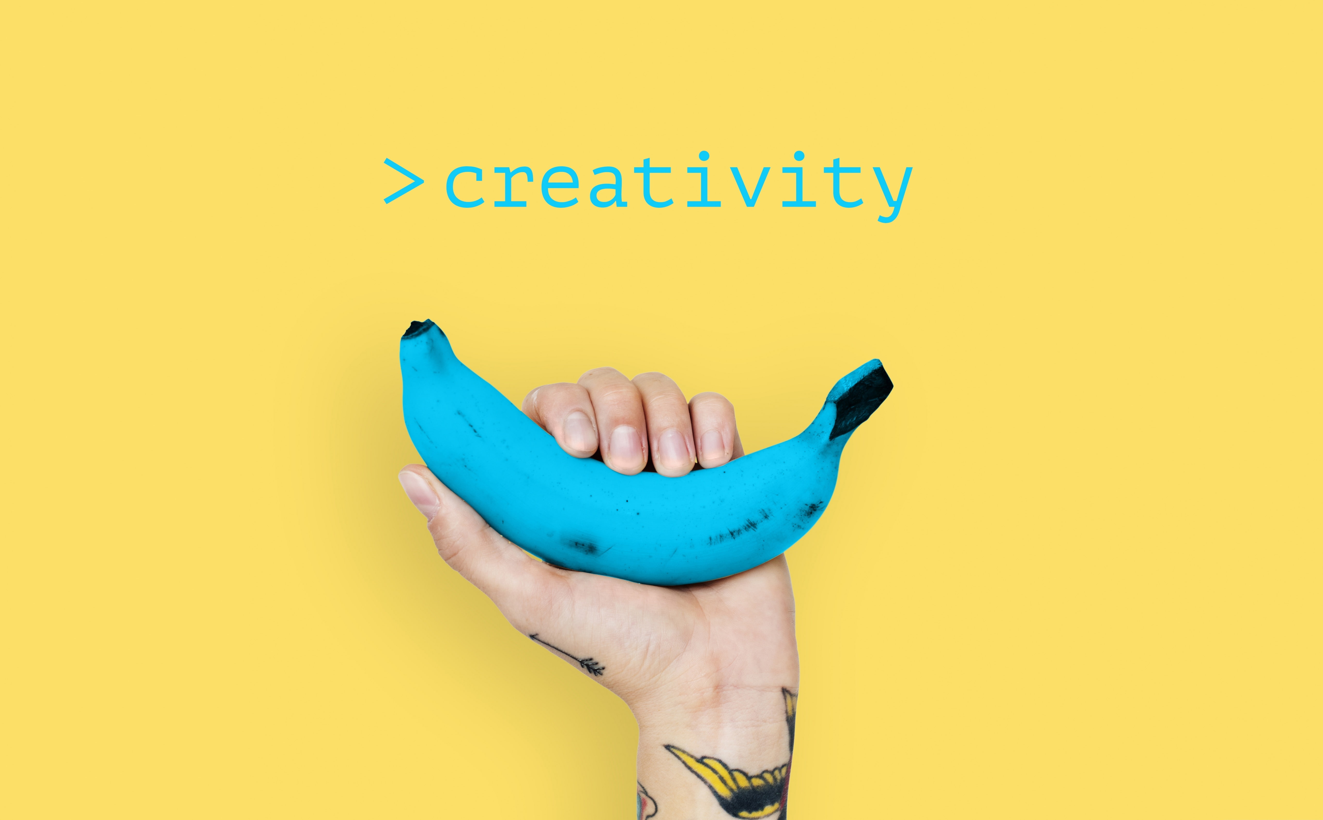 human body part, studio shot, 5K, indoors, Isolated, Creative, Design, Fruit, finger, tattoo, men, human hand, Blue, banana, yellow background, overlay, HD Wallpaper