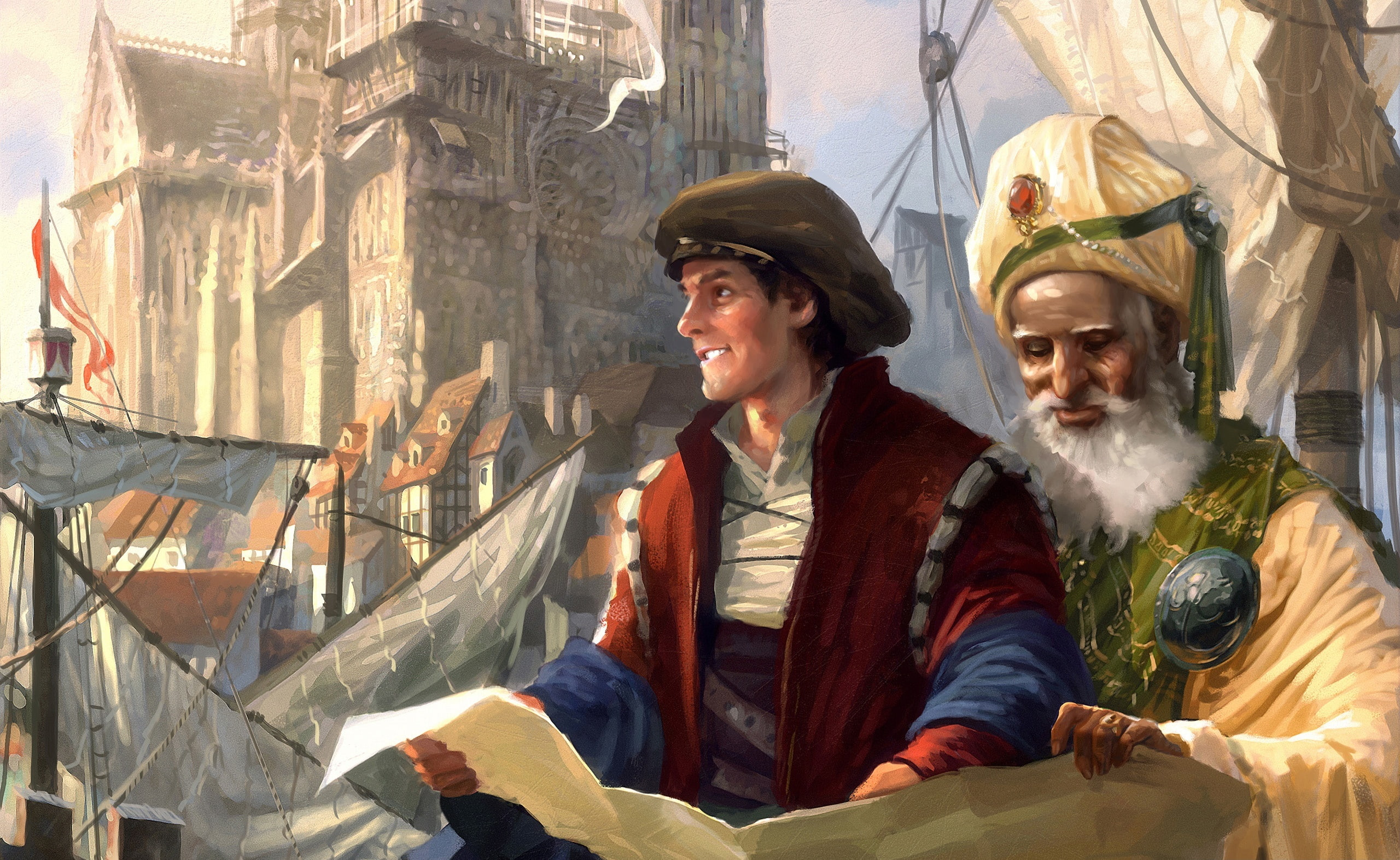 smiling, Artwork, outdoors, reading, people, two people, mature men, men, anno, females, Game, illustration, lifestyles, dawn of discovery, sitting, hat, HD Wallpaper