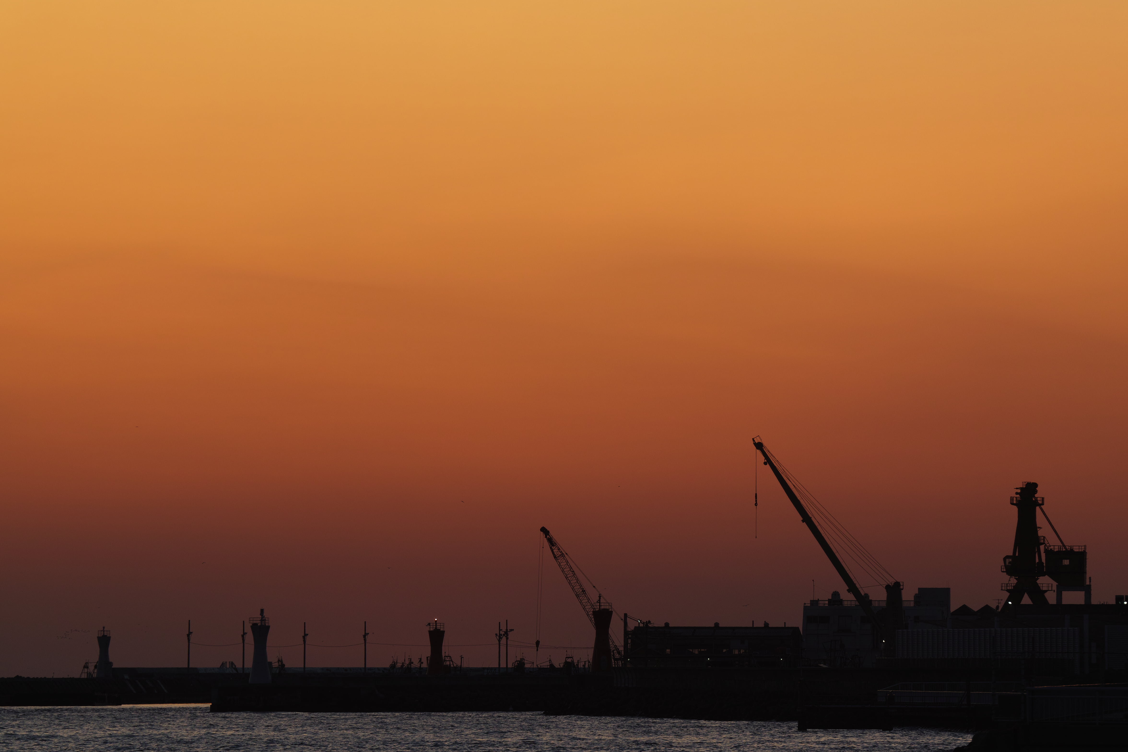 japan, sunrise, 4K, Sigma, sunrise - Dawn, crane - Construction Machinery, Spring, silhouette, harbor, cape, sea, SD1, foveon, town, cargo Container, nautical Vessel, HD Wallpaper