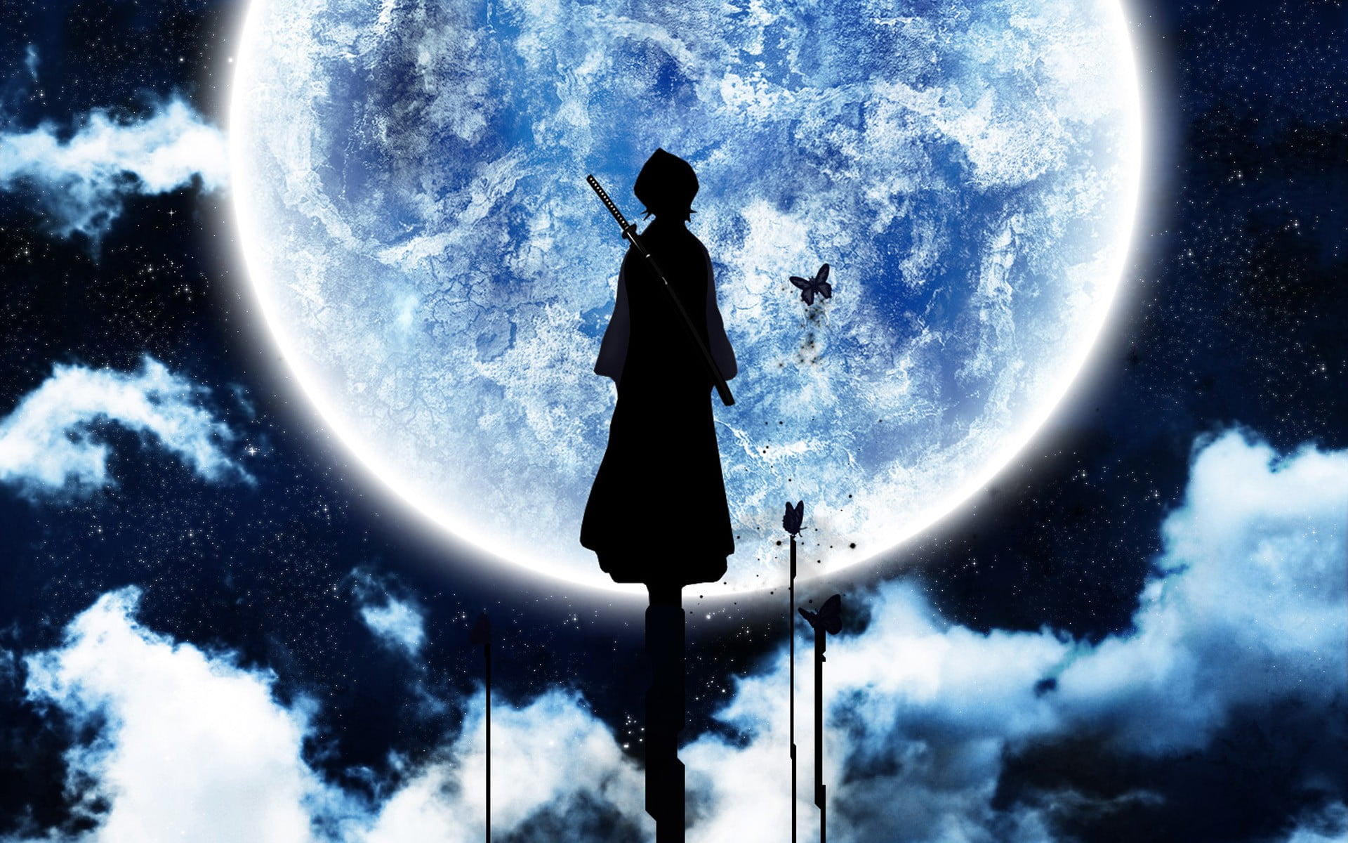 three quarter length, silhouette, lifestyles, anime girls, 1080P, real people, astronomy, full length, cloud - sky, Kuchiki Rukia, night, Bleach, women, HD Wallpaper