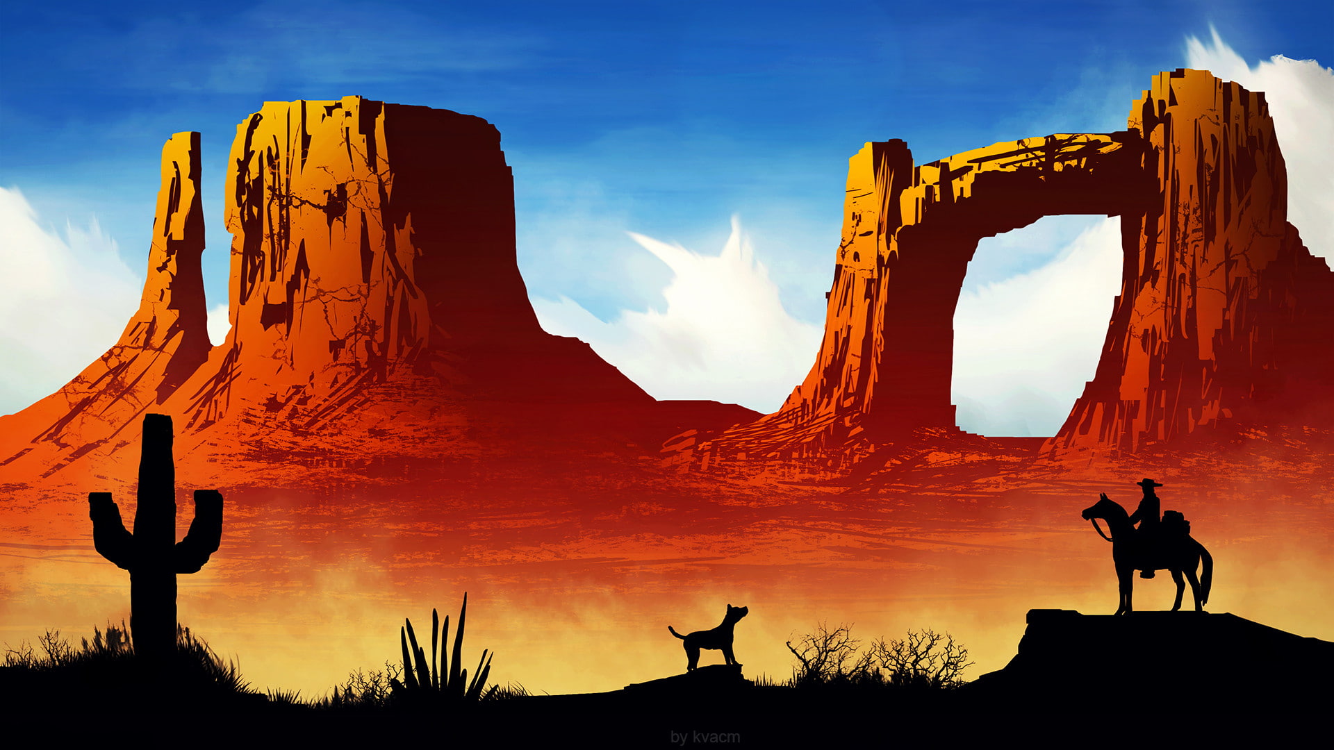 Silhouette, Mountain, Fantasy, 1080P, Desert, Arch, Landscape, Cowboy, Horse, Dog, HD Wallpaper