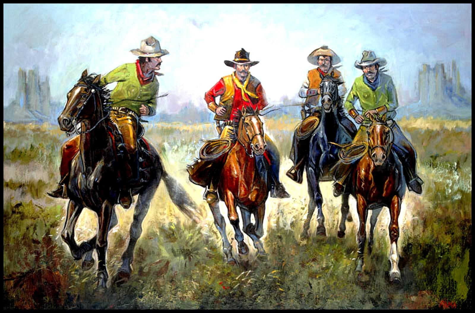 four, desert, riding, horse, cowboys, west, horses, 720P, illustration, old, HD Wallpaper