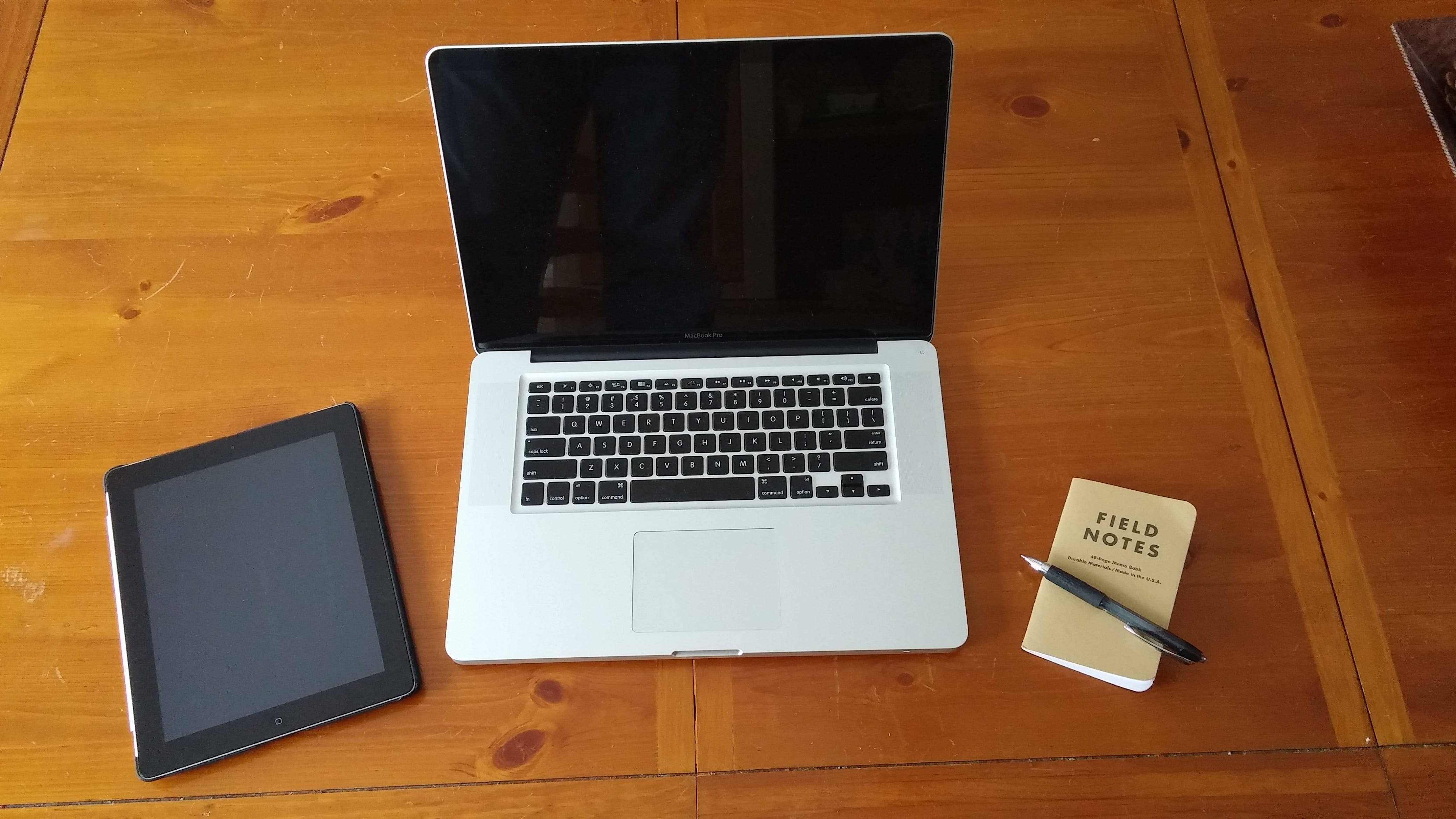 technology, wooden table, field notes, retractable, laptop, notebook, mac, Macbook Pro, portable information device, furniture, black, writers, connection, HD Wallpaper