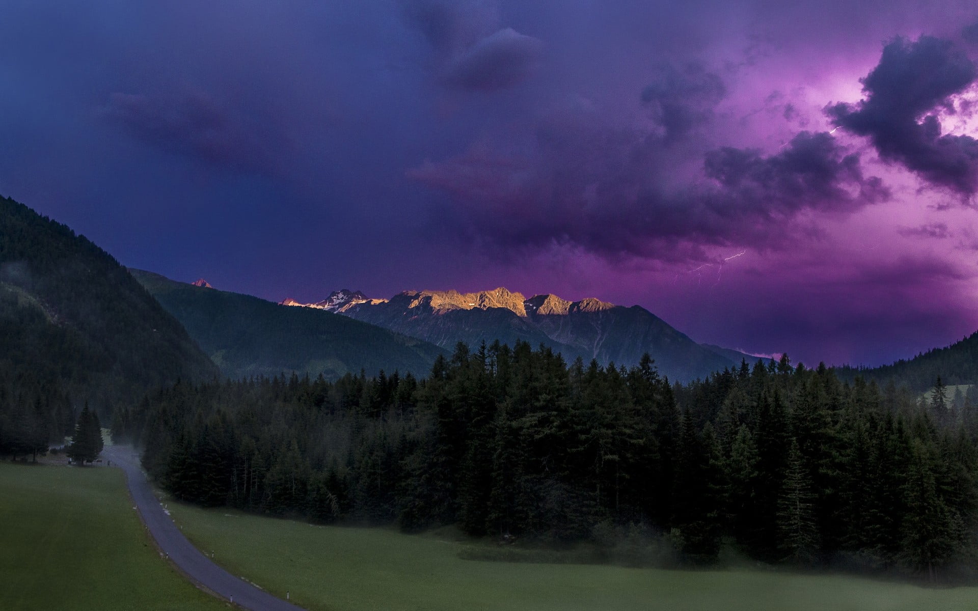 purple, sunlight, nature, sky, plant, pine woodland, no people, thunderstorm, tranquility, water, landscape, clouds, mountain, Austria, tranquil scene, HD Wallpaper