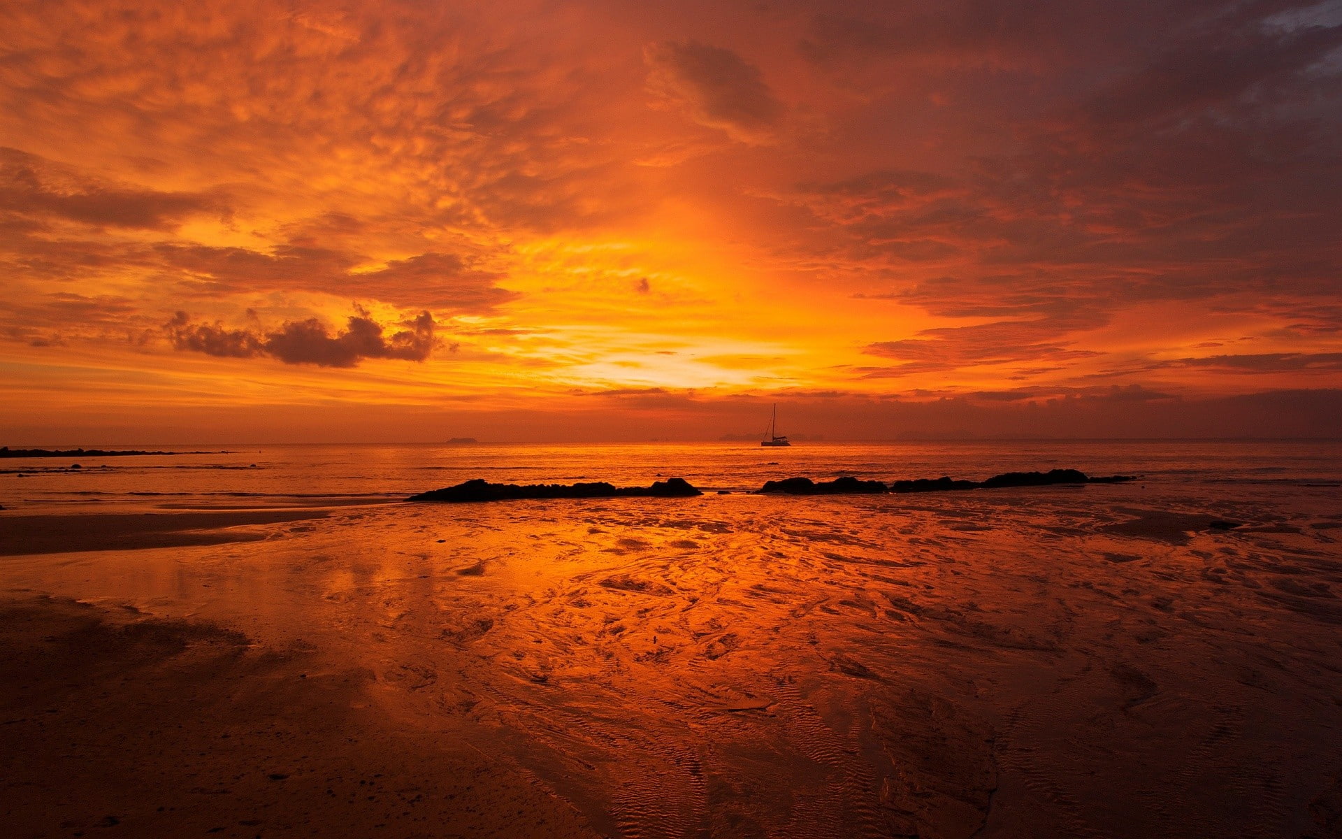 boat, sea, orange sky, 1080P, sunset, skyscape, horizon, HD Wallpaper