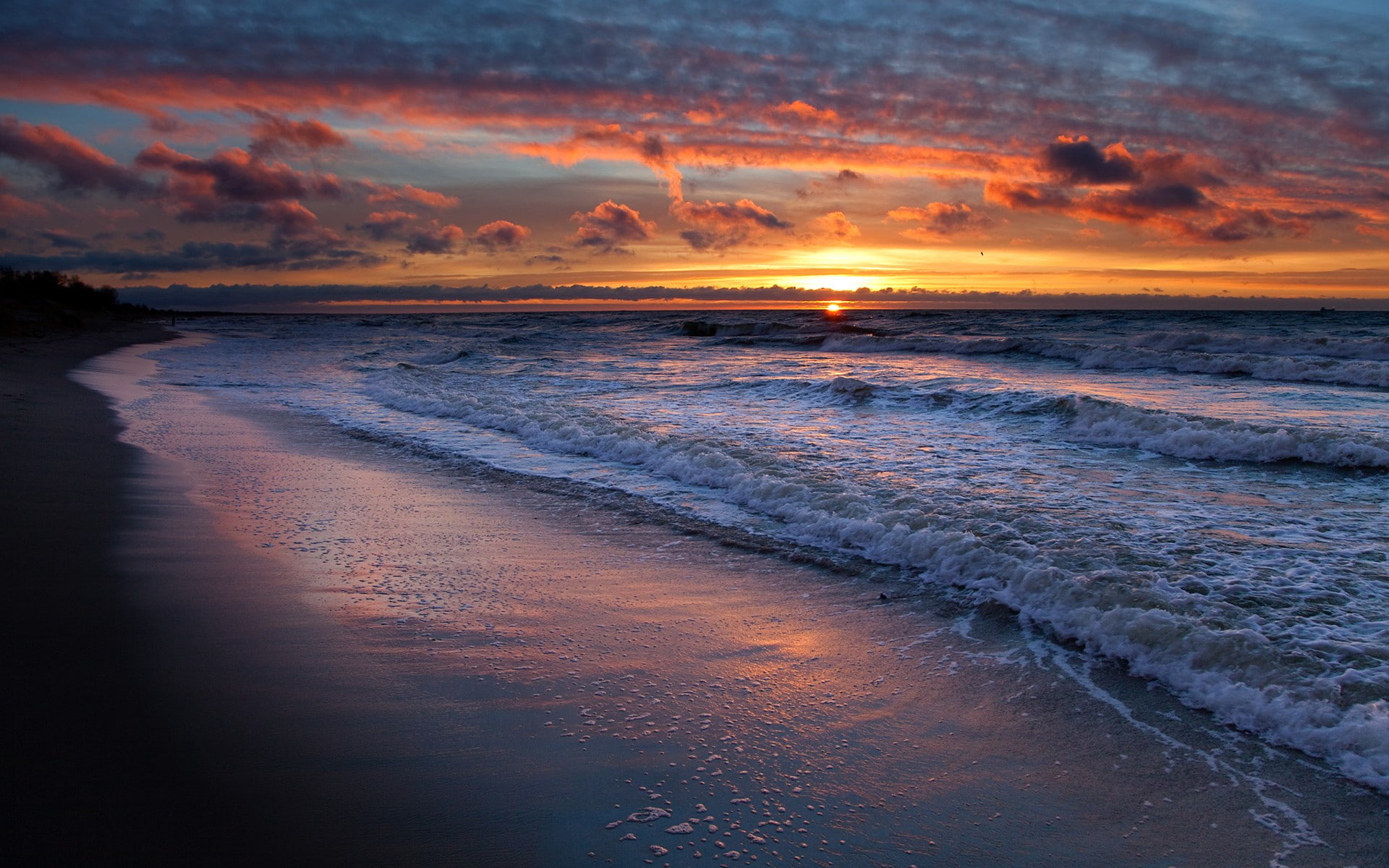 water, orange sky, 1080P, sunset, skyscape, beach, sea foam, sea, HD Wallpaper