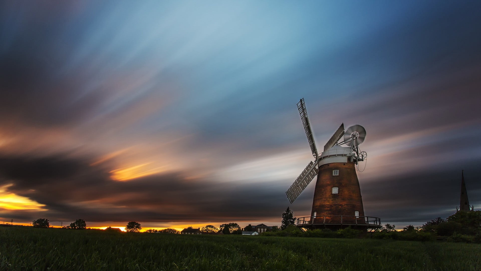 scenics - nature, renewable energy, long exposure, England, sunlight, low angle view, field, windmill, clouds, time, old building, land, beauty in nature, HD Wallpaper