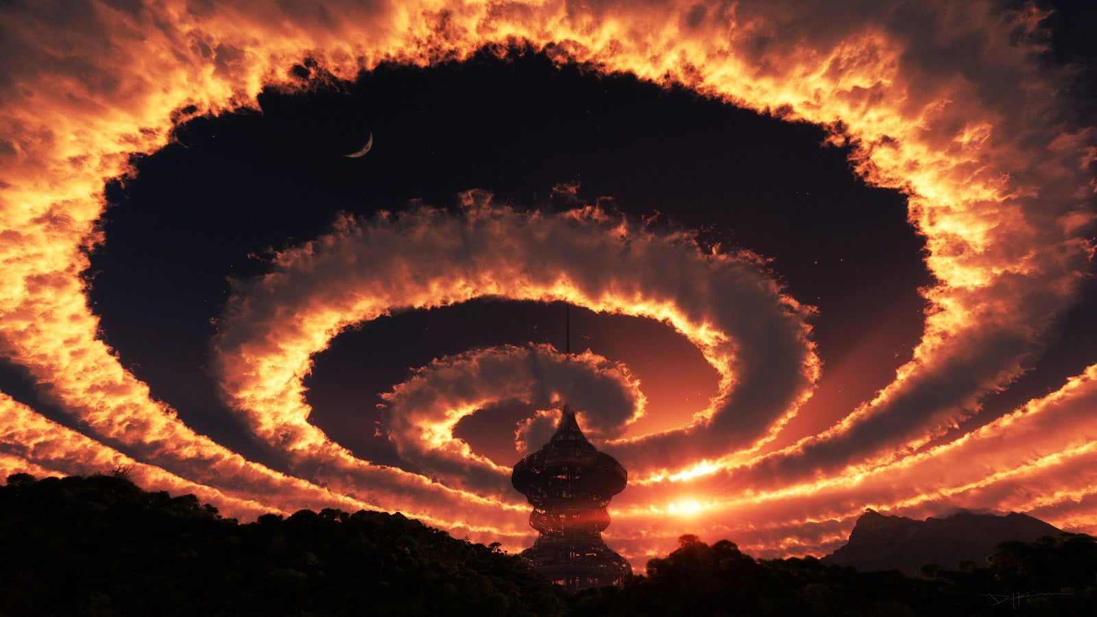 sky, cloud - sky, spiral, idyllic, landscape, cloudy, night, sunset, architecture, 720P, tranquility, silhouette, arts culture and entertainment, scenics - nature, HD Wallpaper