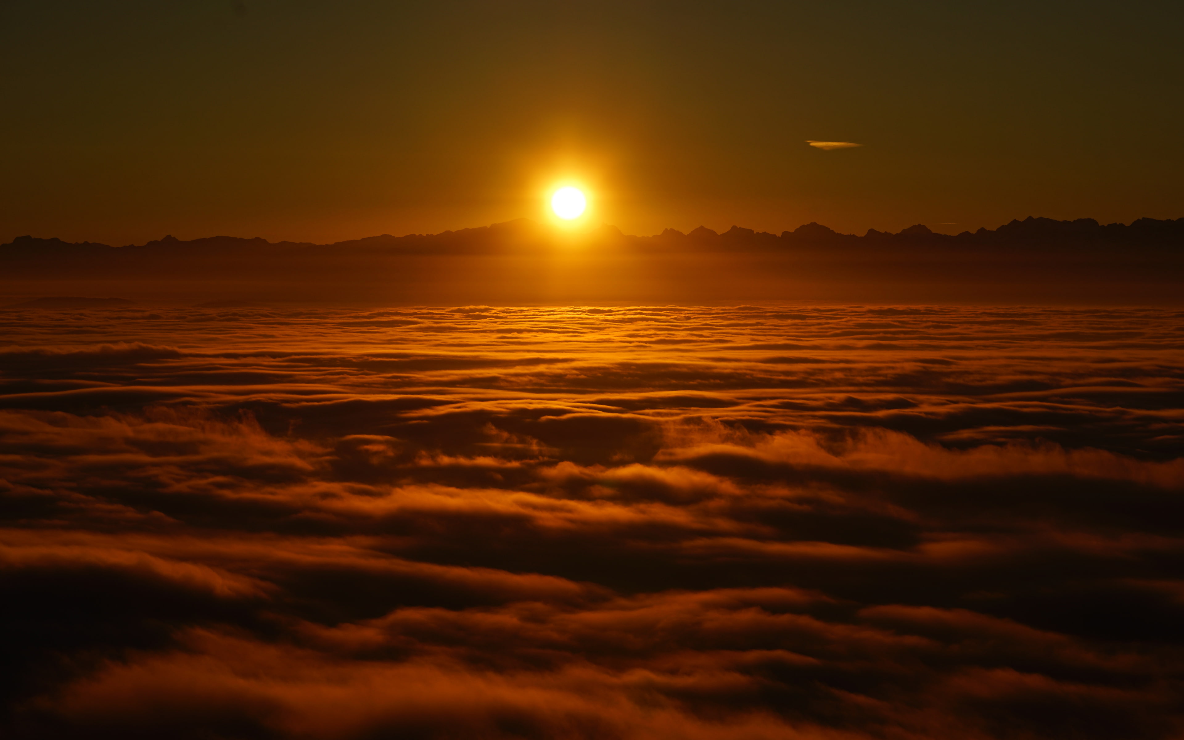 bright, outdoors, nature, sun, tranquil scene, water, sunlight, sea, silhouette, romantic sky, idyllic, k, Above, scenics - nature, cloud - sky, sunrise, HD Wallpaper