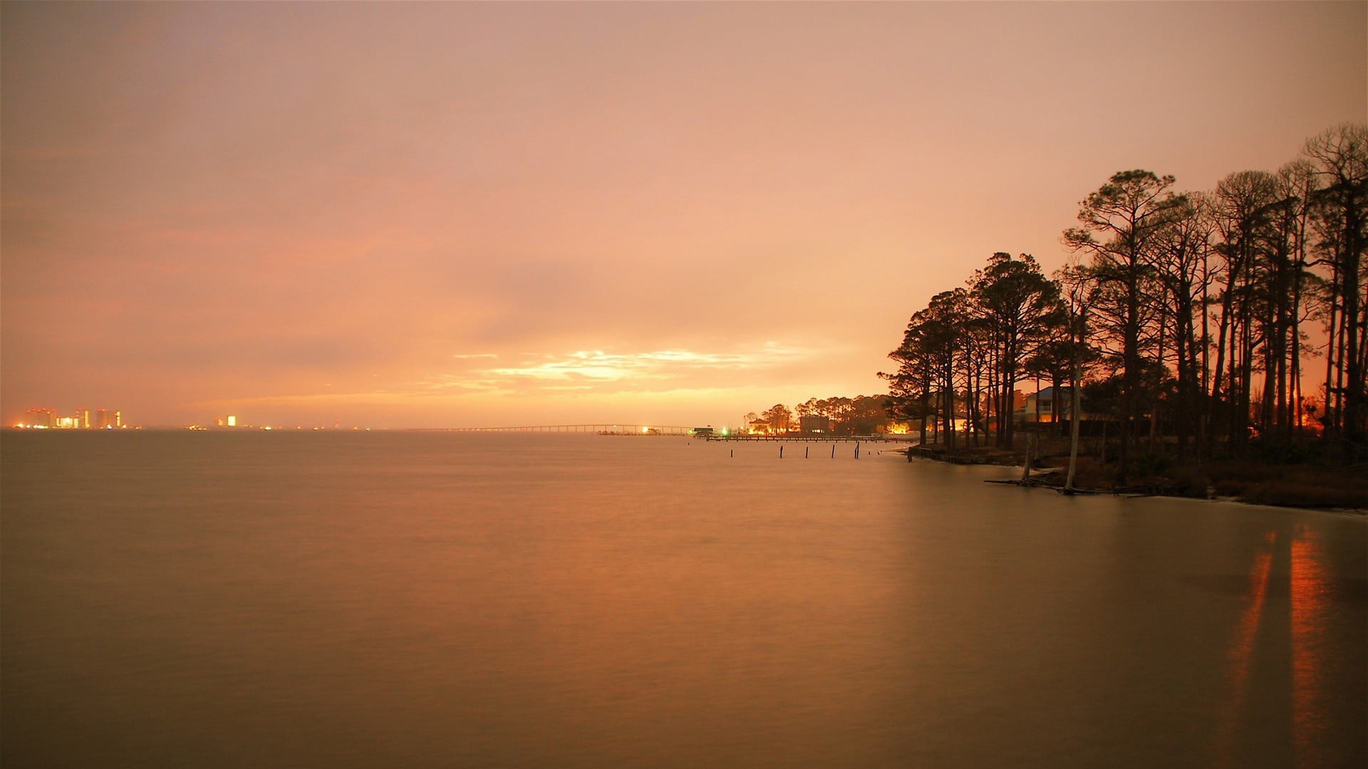 Miami, tranquility, sea, cloud - sky, sunset, reflection, trees, waterfront, no people, sky, body, outdoors, 1080P, tree, water, land, tranquil scene, HD Wallpaper