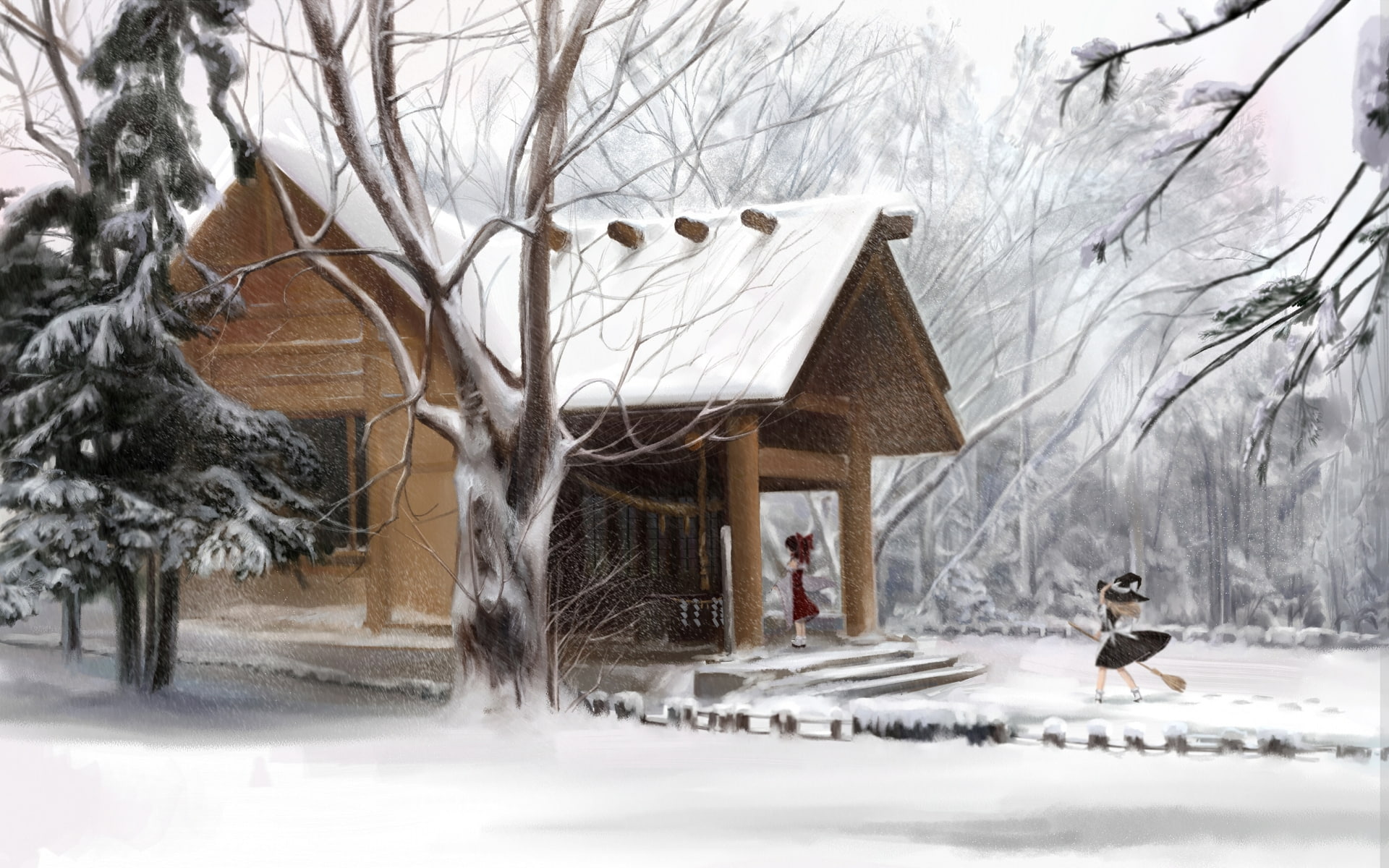 houses, reimu, japanese, Touhou, clothes, shrine, Kirisame Marisa, Winter, detached, art, hakurei, hd, witch, kirisame, nature, 1080P, marisa, realistic, HD Wallpaper