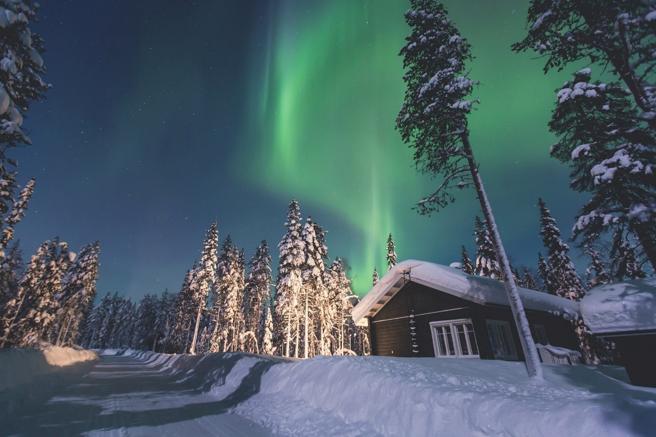 landscape, skyscape, 720P, cottage, nature, snow, winter, aurorae, HD Wallpaper
