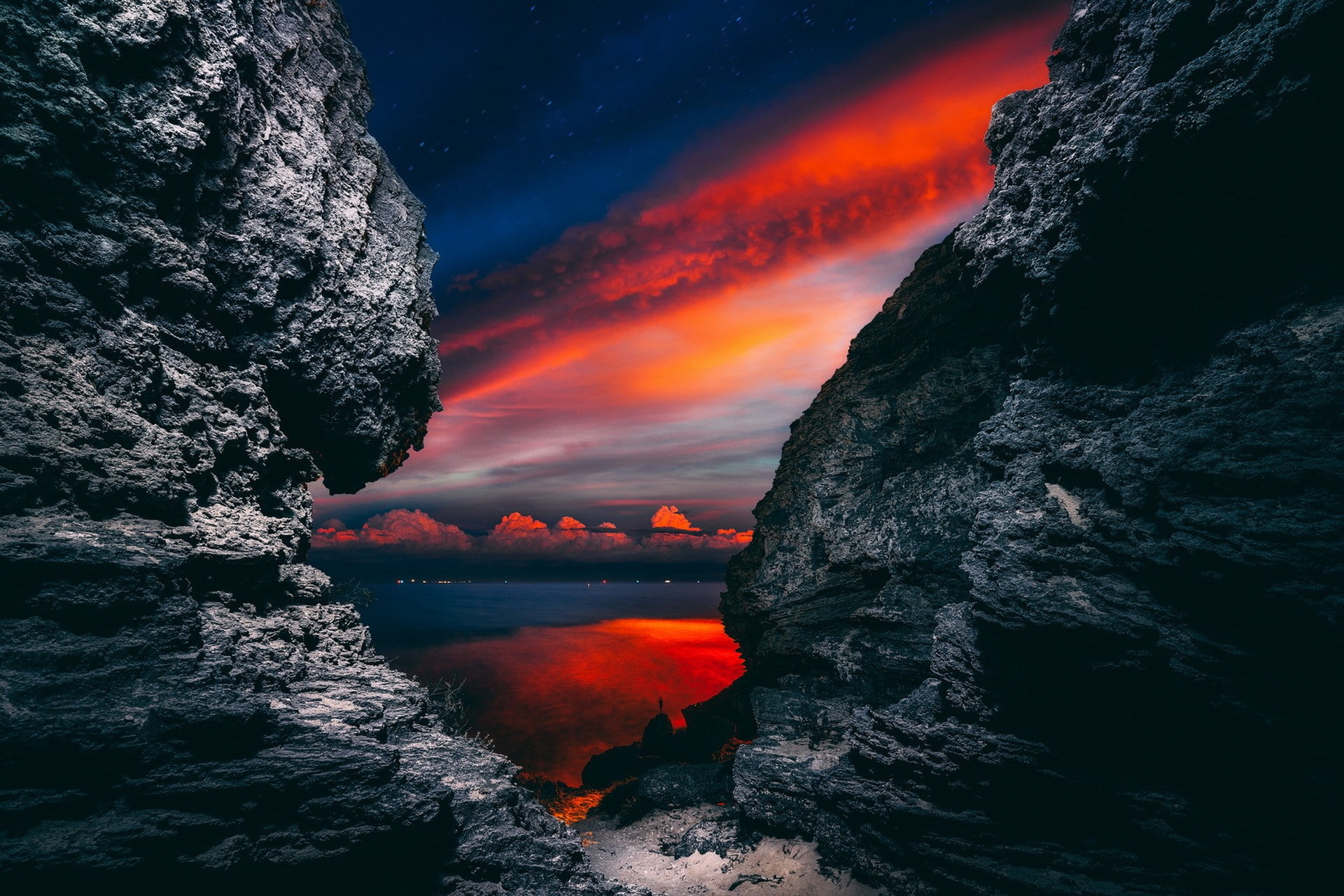 1080P, sunset, skyscape, rocks, landscape, nature, HD Wallpaper