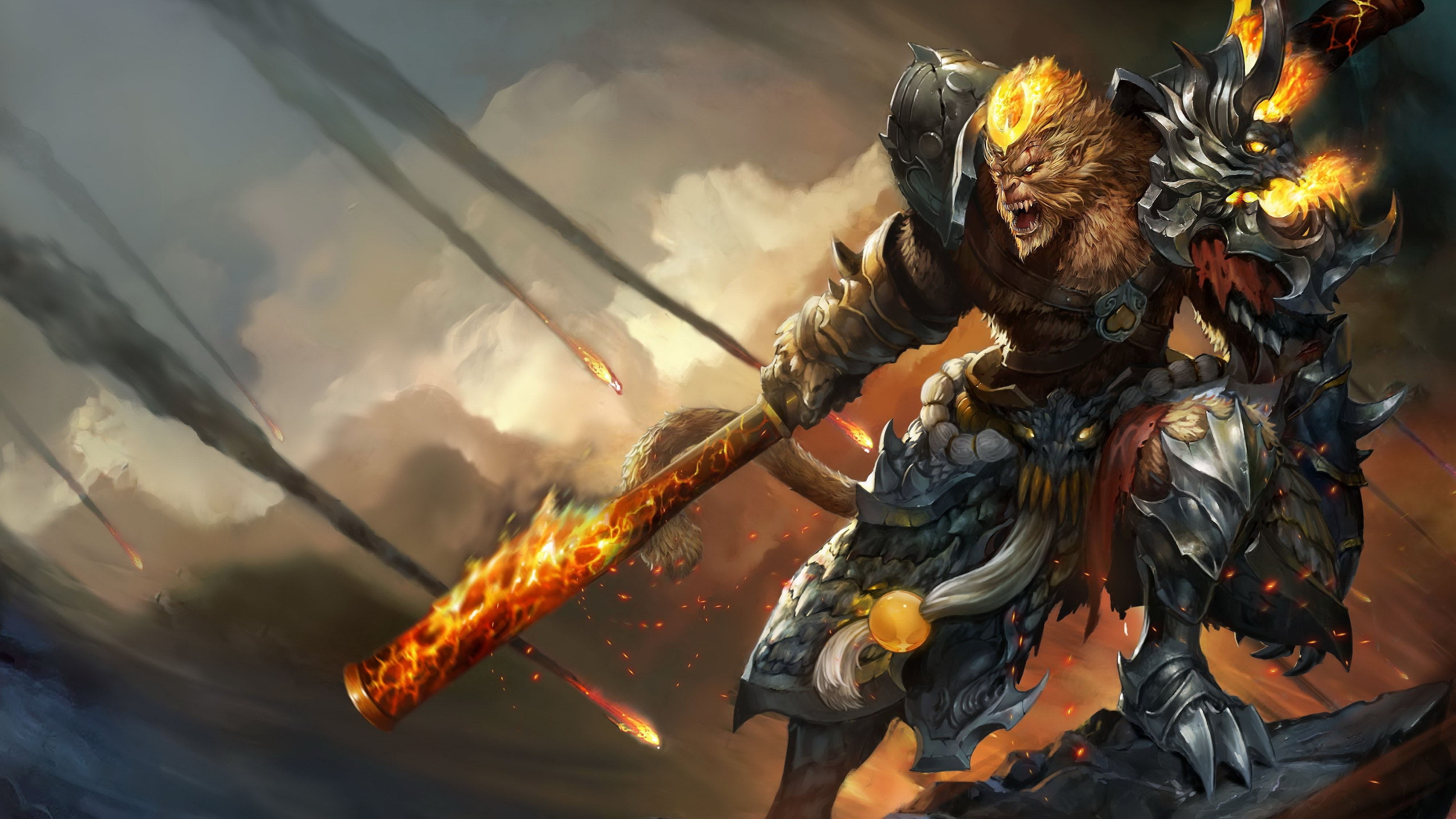 illustration, military, sky, sun, people, cloud - sky, sunset, Monkey King, festival, costume, 4K, warrior, fire, clothing, armor, holding, men, day, headwear, HD Wallpaper