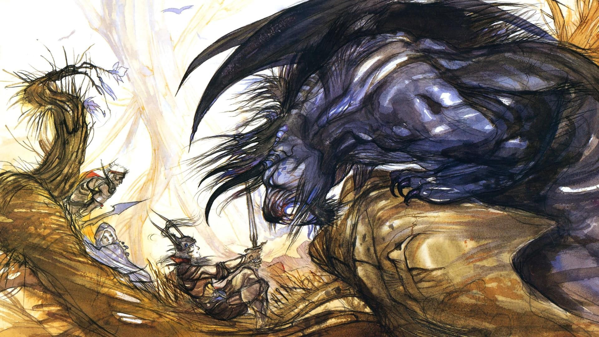 painting, backgrounds, Final Fantasy, Behemoth, hair, close-up, art and craft, drawing, purple, yellow, Yoshitaka Amano, pattern, hairstyle, day, full frame, HD Wallpaper