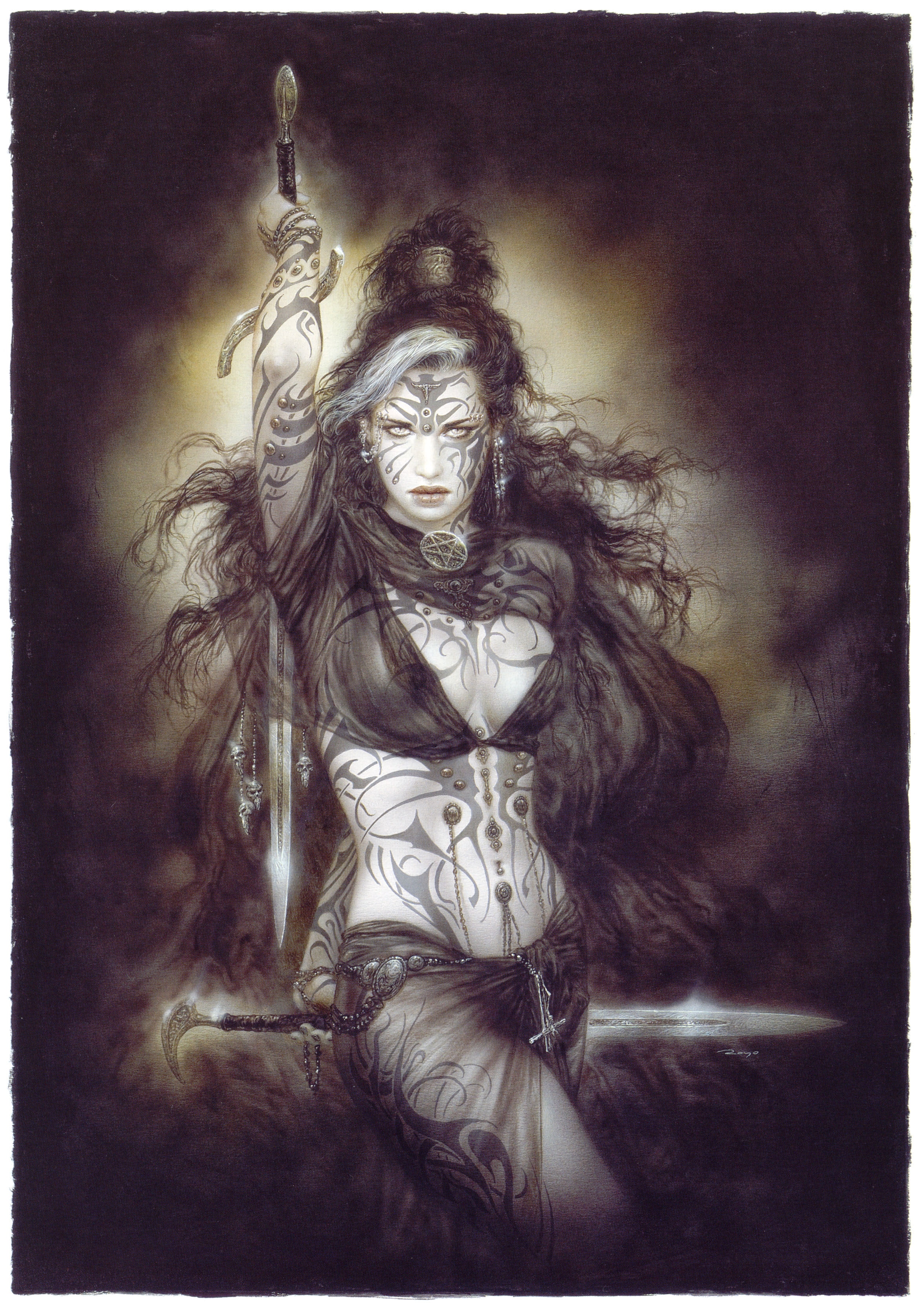 luis, hd, art, piercings, 2K, weapons, artwork, x, royo, women, tattoos, swords, fantasy, Phone HD Wallpaper