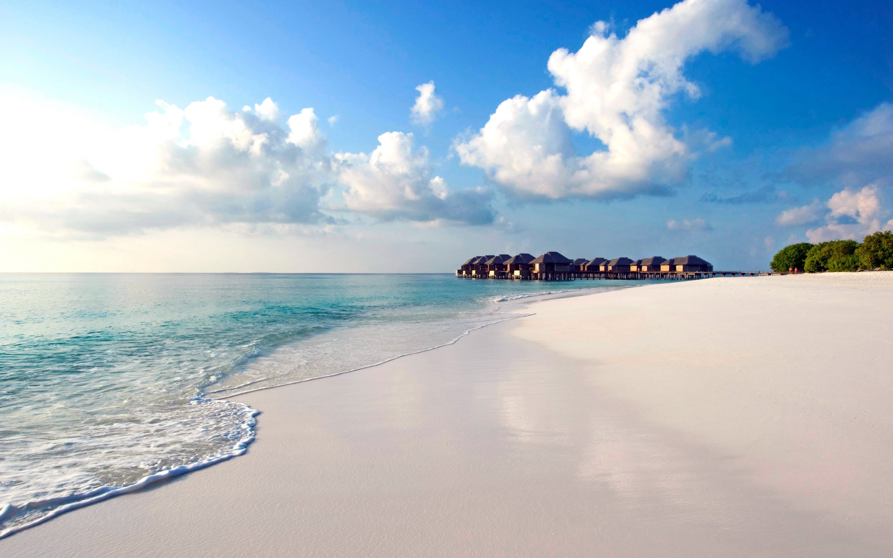 white, tropical, sand, Nature, Ocean, cumulus, Maldives, beach, clouds, 2K, HD Wallpaper