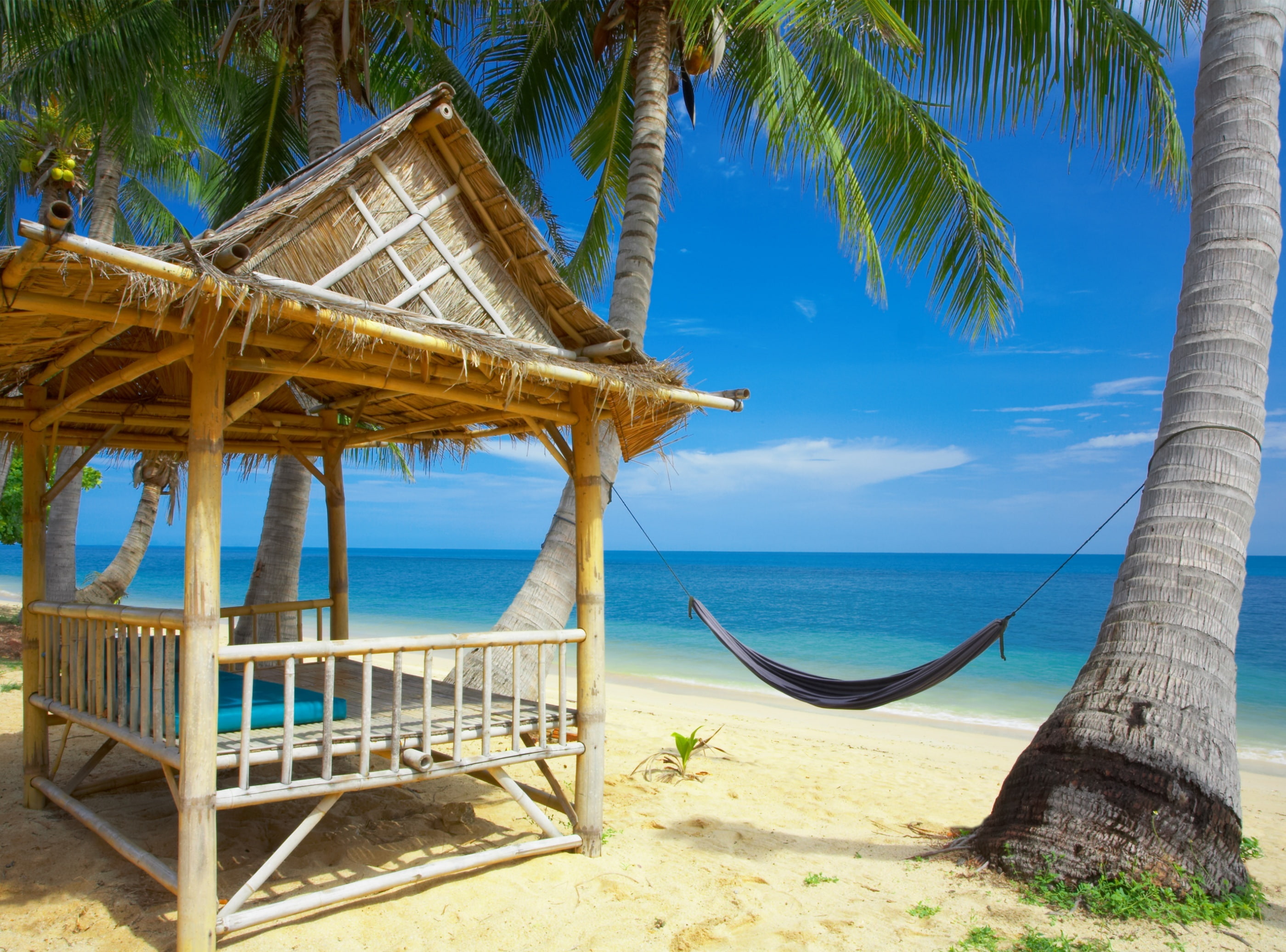 Islands, nature, horizon over water, tropical climate, thatched roof, no people, scenics - nature, beauty in nature, plant, sand, tranquility, Beach, water, HD Wallpaper