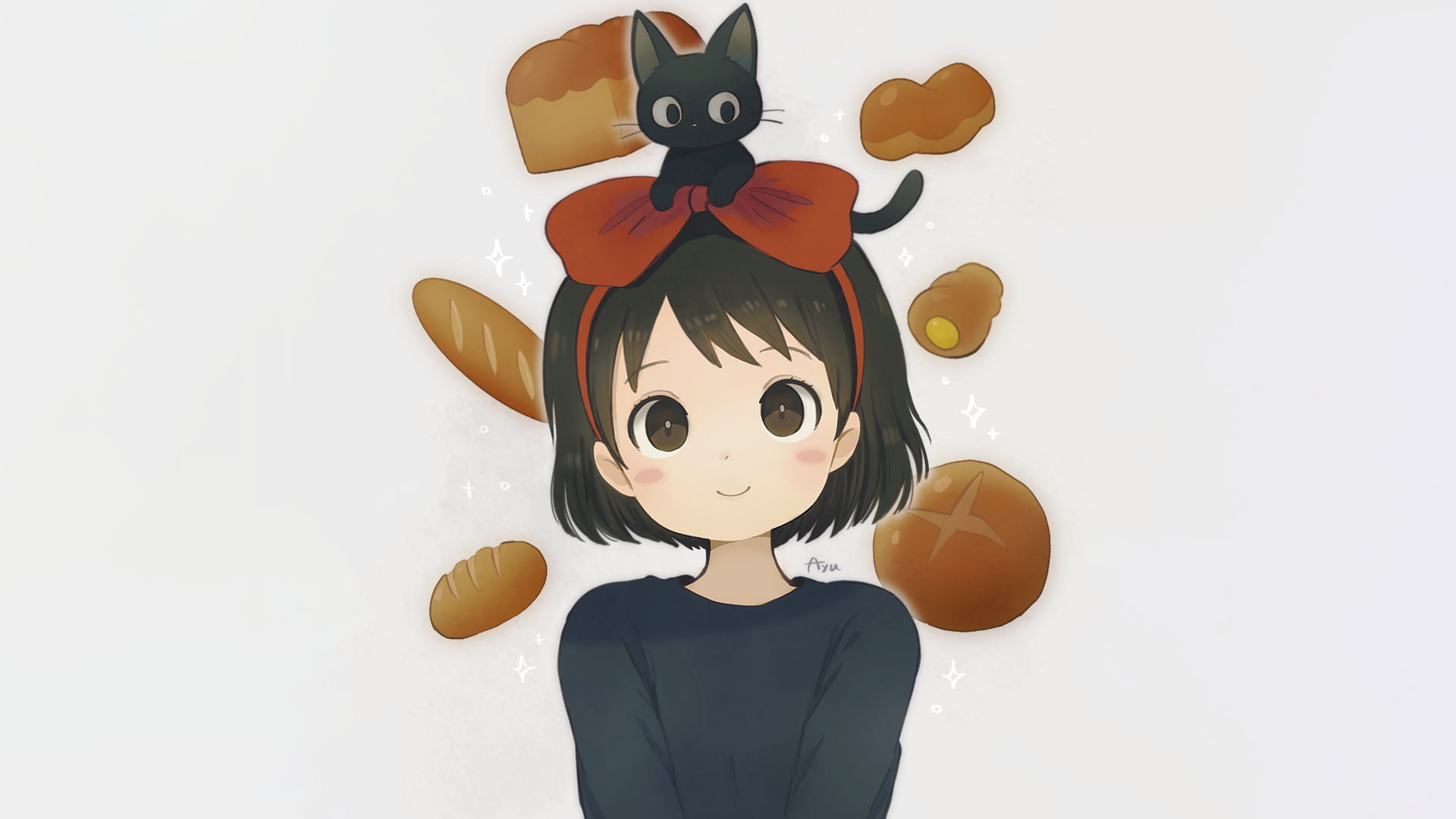 1080P, bread, black cats, Studio Ghibli, jiji, short hair, anime, cats, Smile, anime girls, simple background, Majo no Takkyūbin, schoolgirl, HD Wallpaper