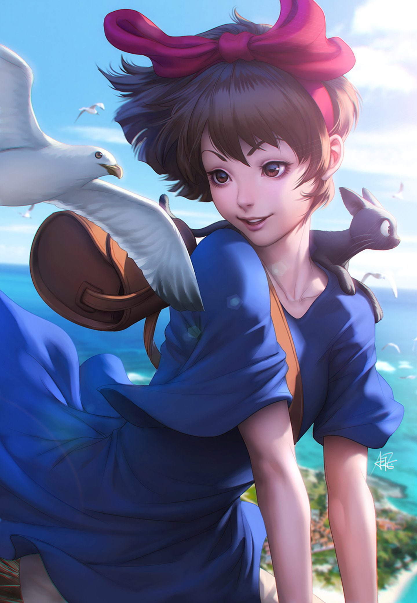 happy, delivery, characters, bag, service, flying, bird, kikis, sky, band, original, girl, anime, dress, black, kiki, eyes, jiji, 1080P, cat, school, short, Phone HD Wallpaper
