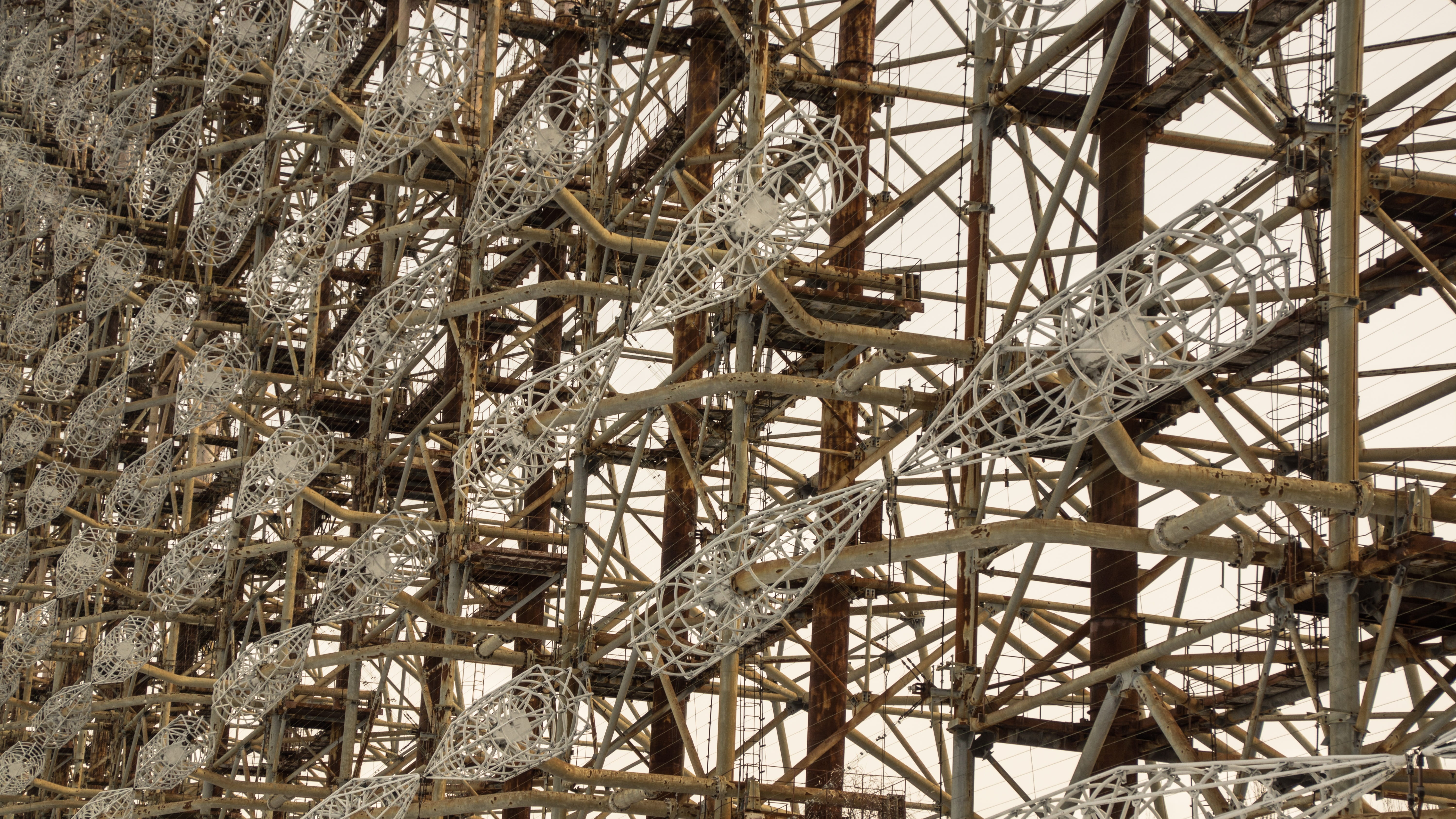 duga, construction industry, cages, system, tangled, metal, bare tree, structure, close-up, day, abandoned, full frame, low angle view, antenna, architecture, HD Wallpaper