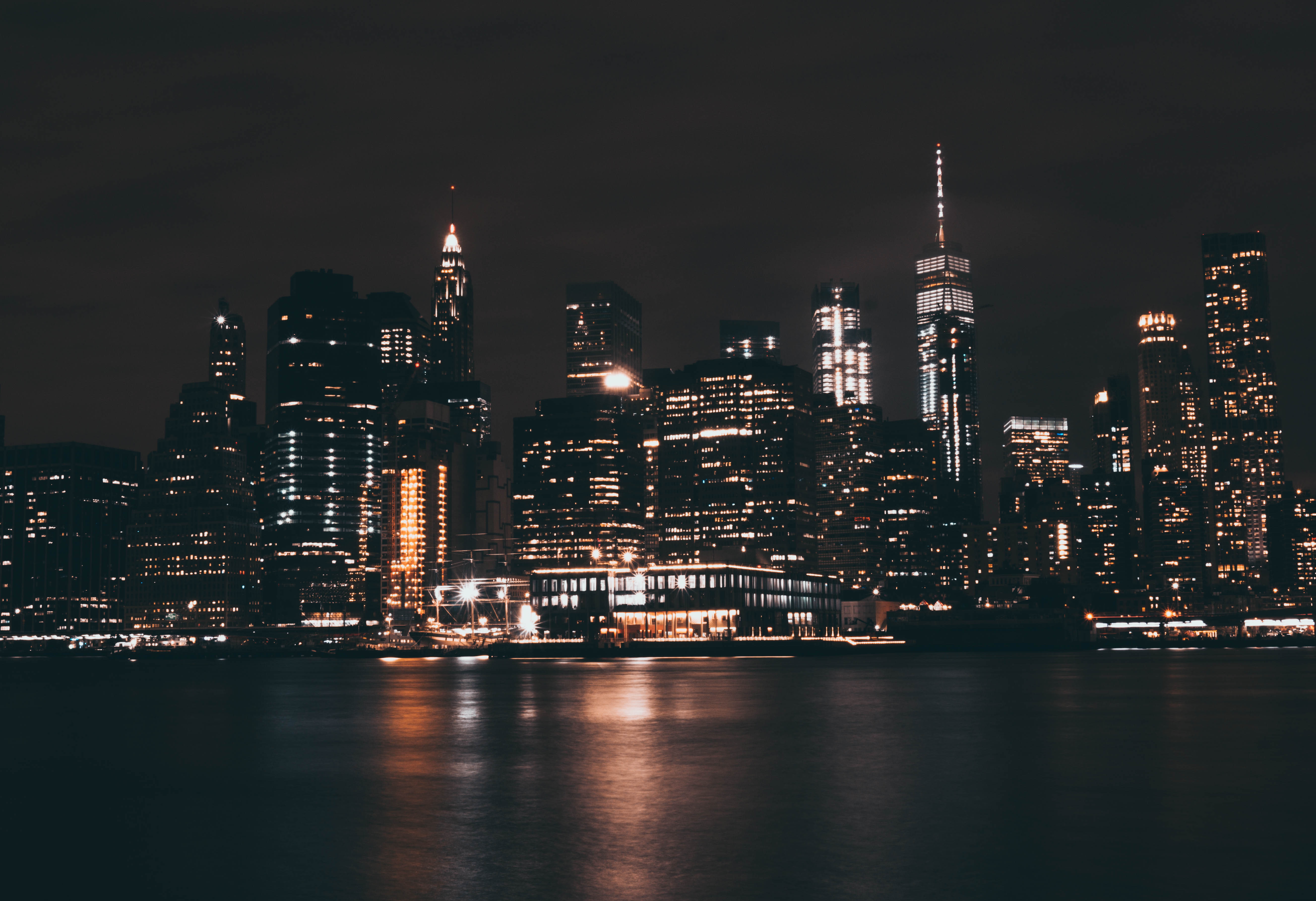 New York City, Lights, Cityscape, reflection, Long Exposure, Scyscrapers, 5K, sea, night, HD Wallpaper