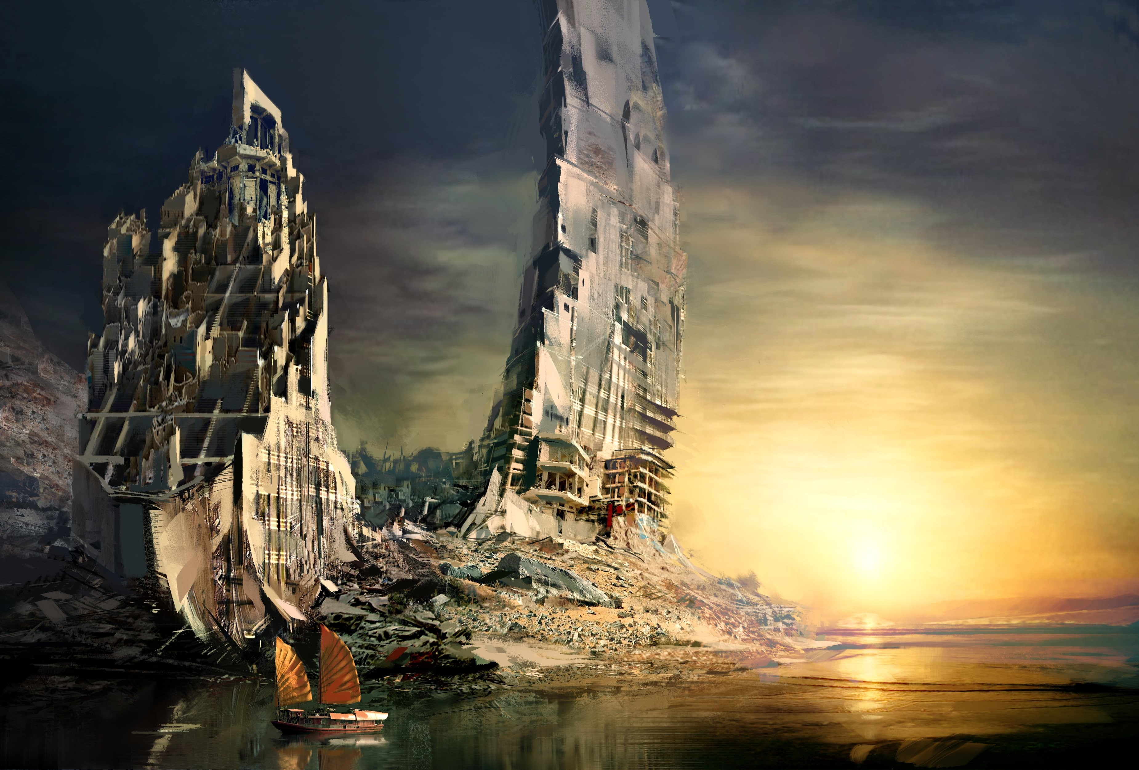 artwork, sunset, Postapokalypse, 2K, Scyscrapers, HD Wallpaper