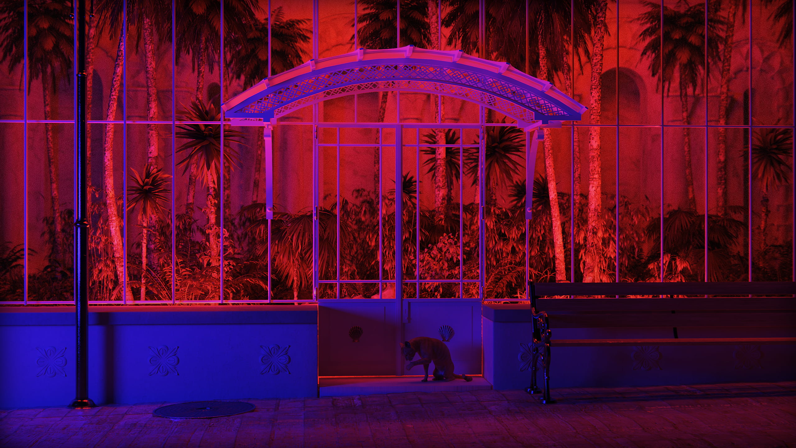 3d design, digital art, neon, fence, bamboo, animal cat, park, cobblestone, CGI, palm trees, plants, 2K, bench, architecture, yucca, neon lights, 3D graphics, HD Wallpaper