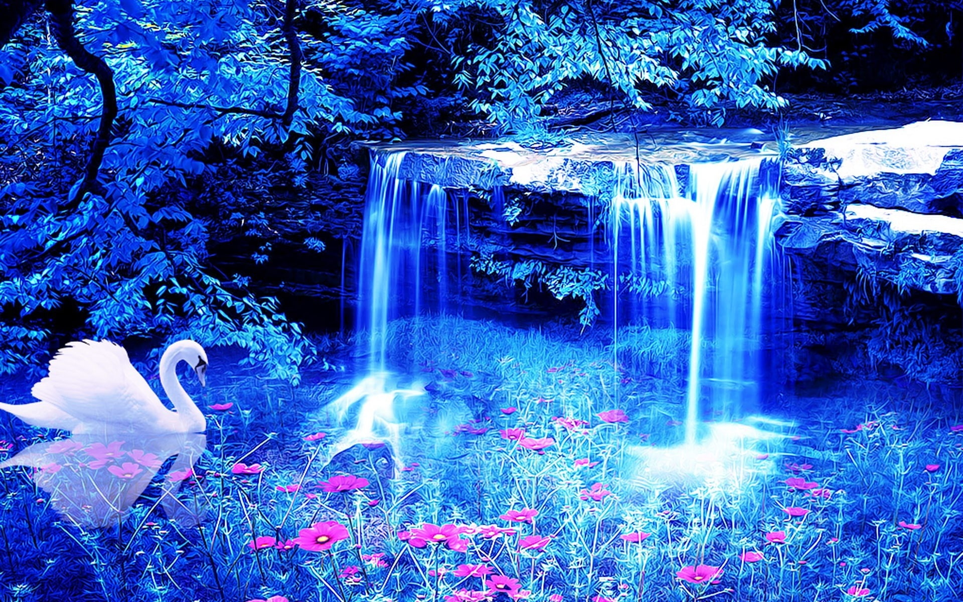 flowers, waterfall, swan, 1080P, HD Wallpaper